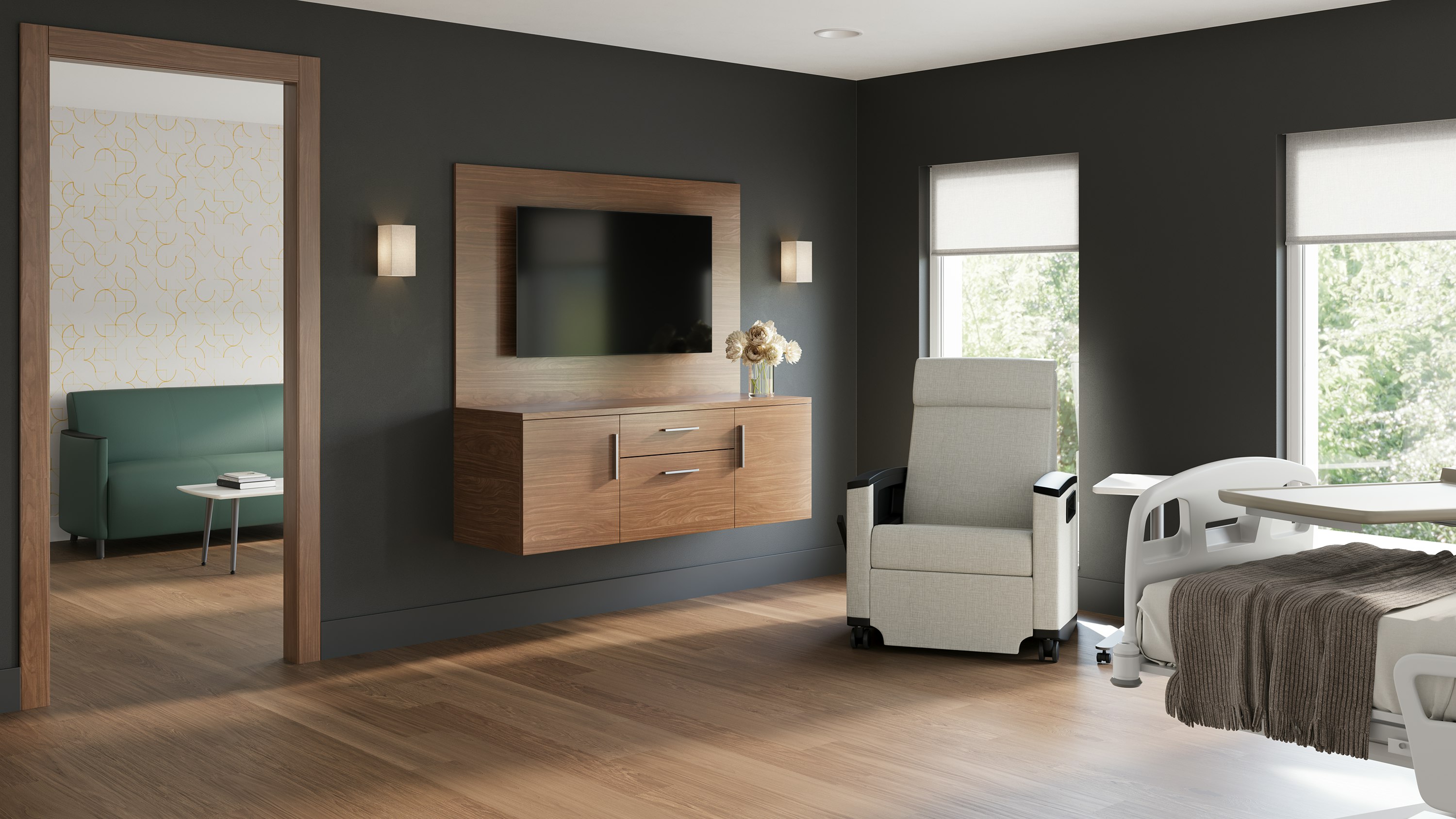Premium private room in women’s health facility or boutique care with Consoul Recliner and Pamona Sofa