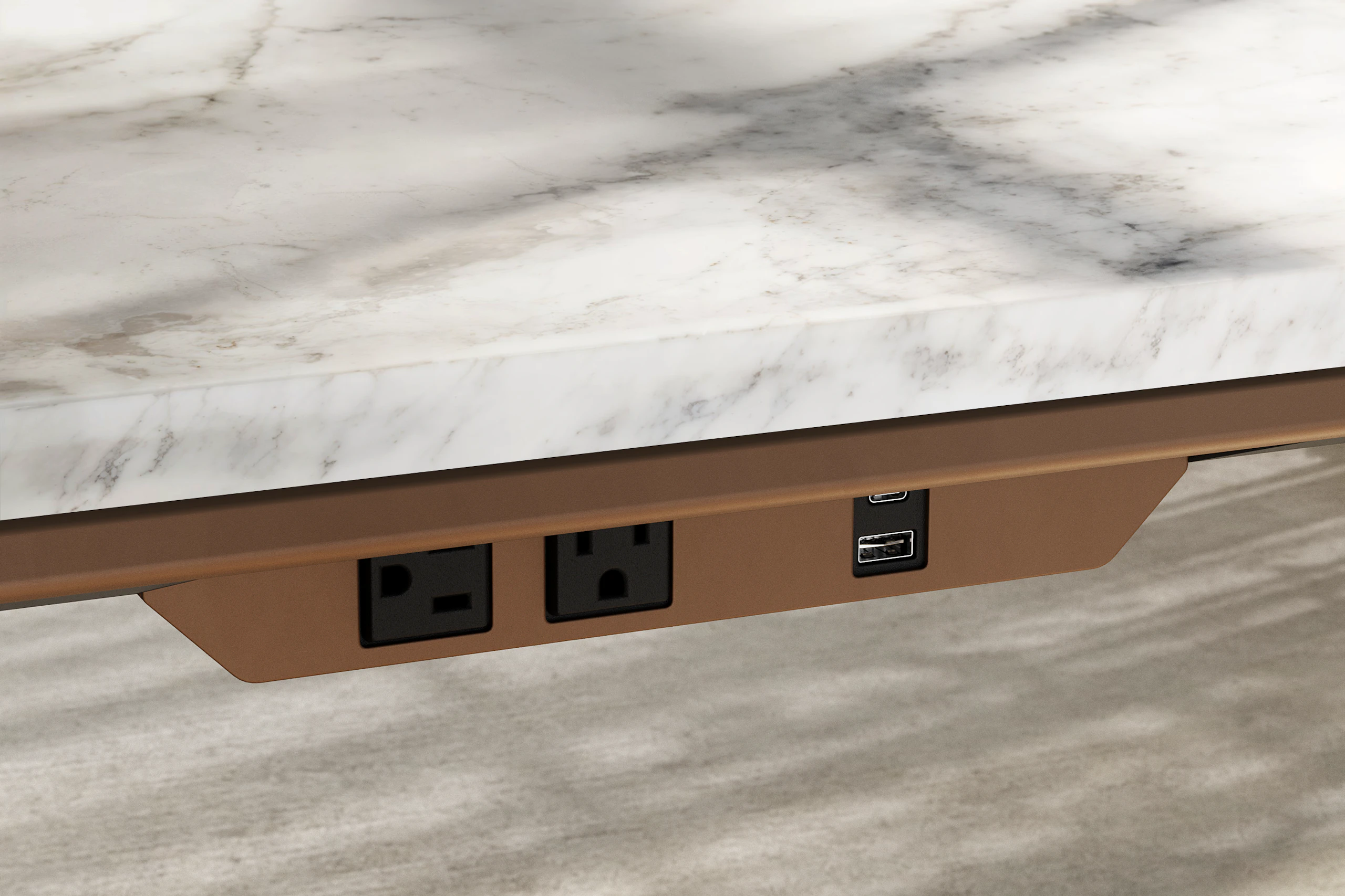 Detail of Ascent Conference Table by EOOS in White Carrara marble showing edgemount power viewed at an angle.