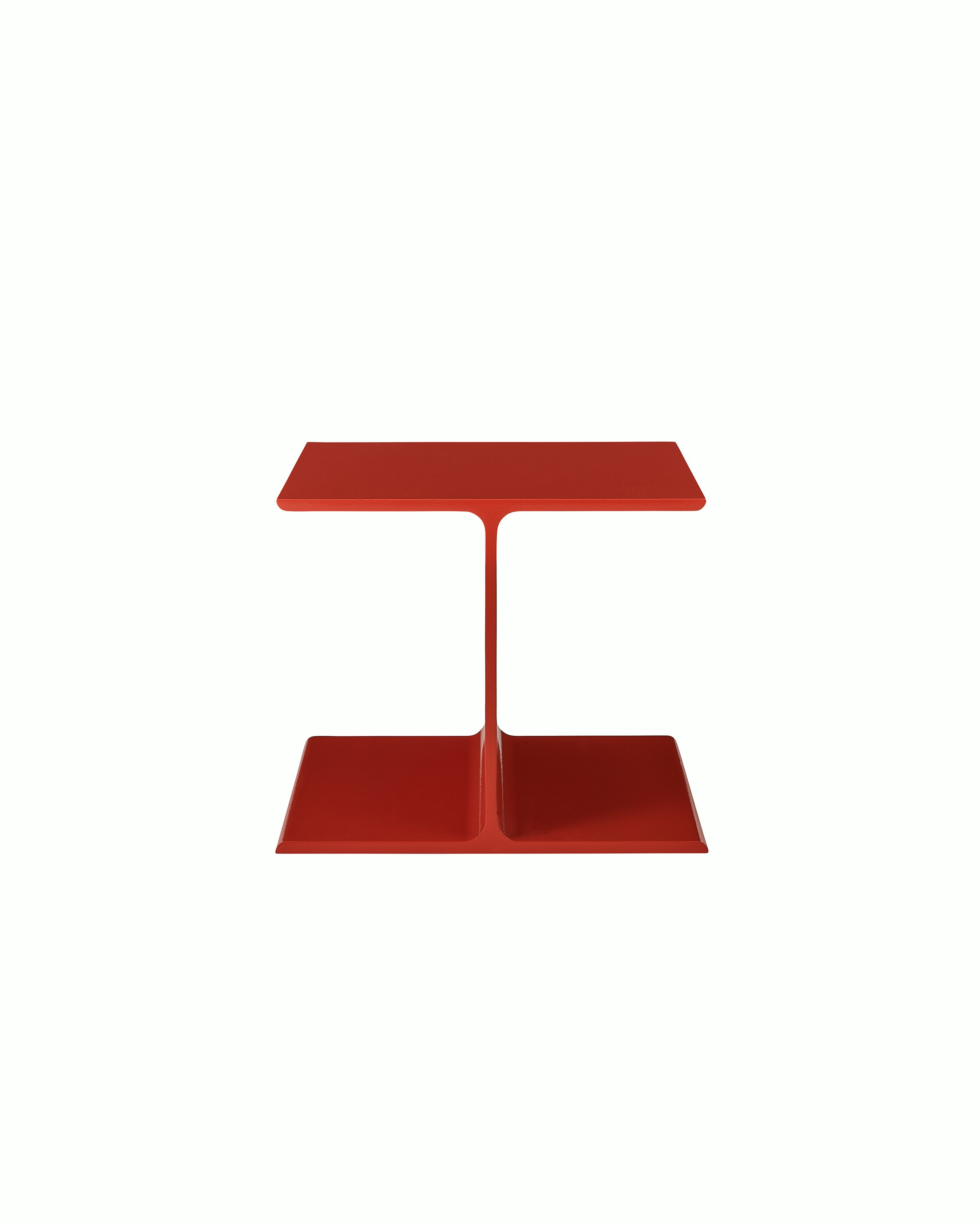 I Beam Side Table designed by Ward Bennett in International Orange, shown front-facing on a white sweep.