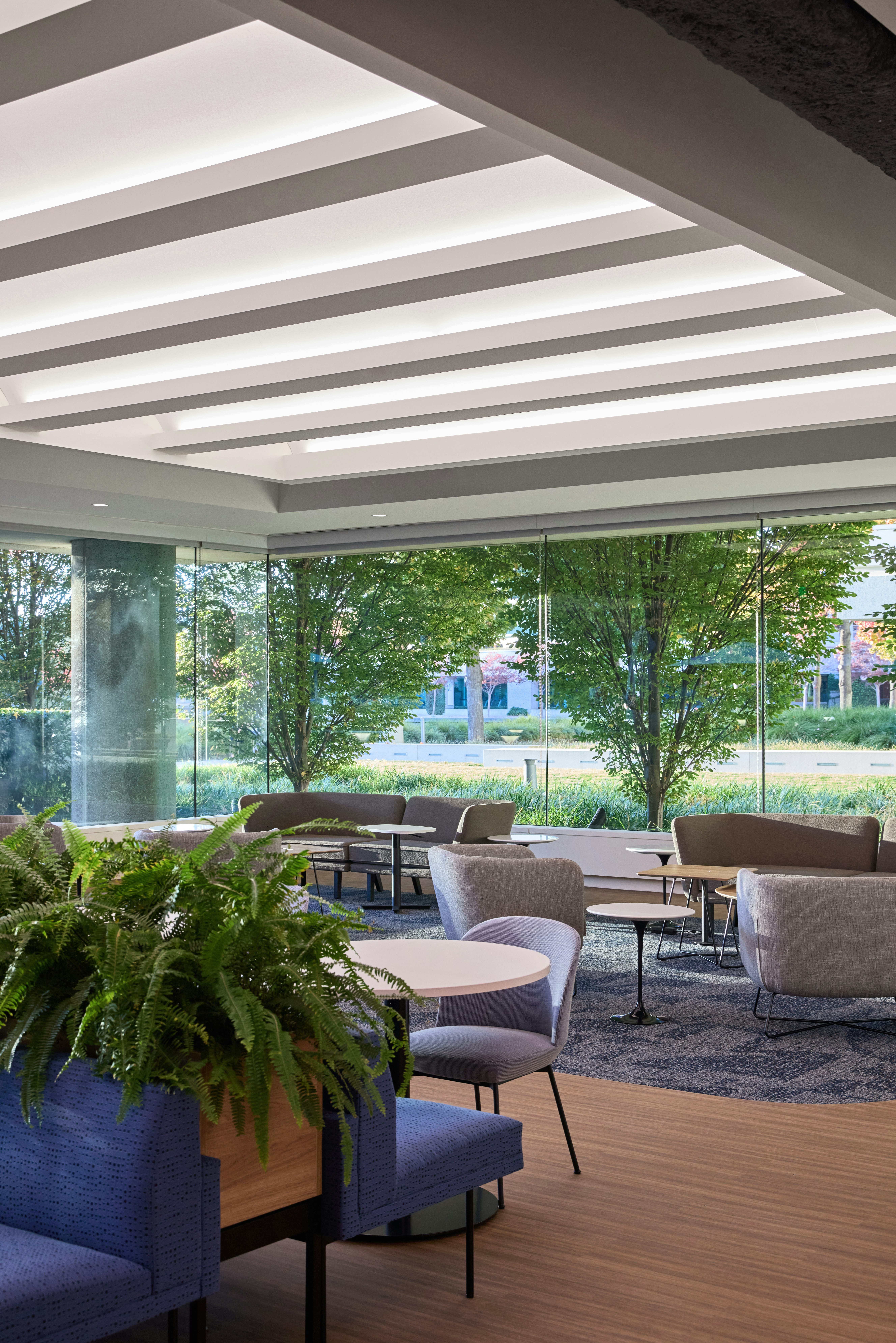  Communal area with Rockwell Unscripted Modular Lounge seating, Herman Miller Passport Tables, integrated planters, and floor-to-ceiling glass providing outdoor views and natural light.