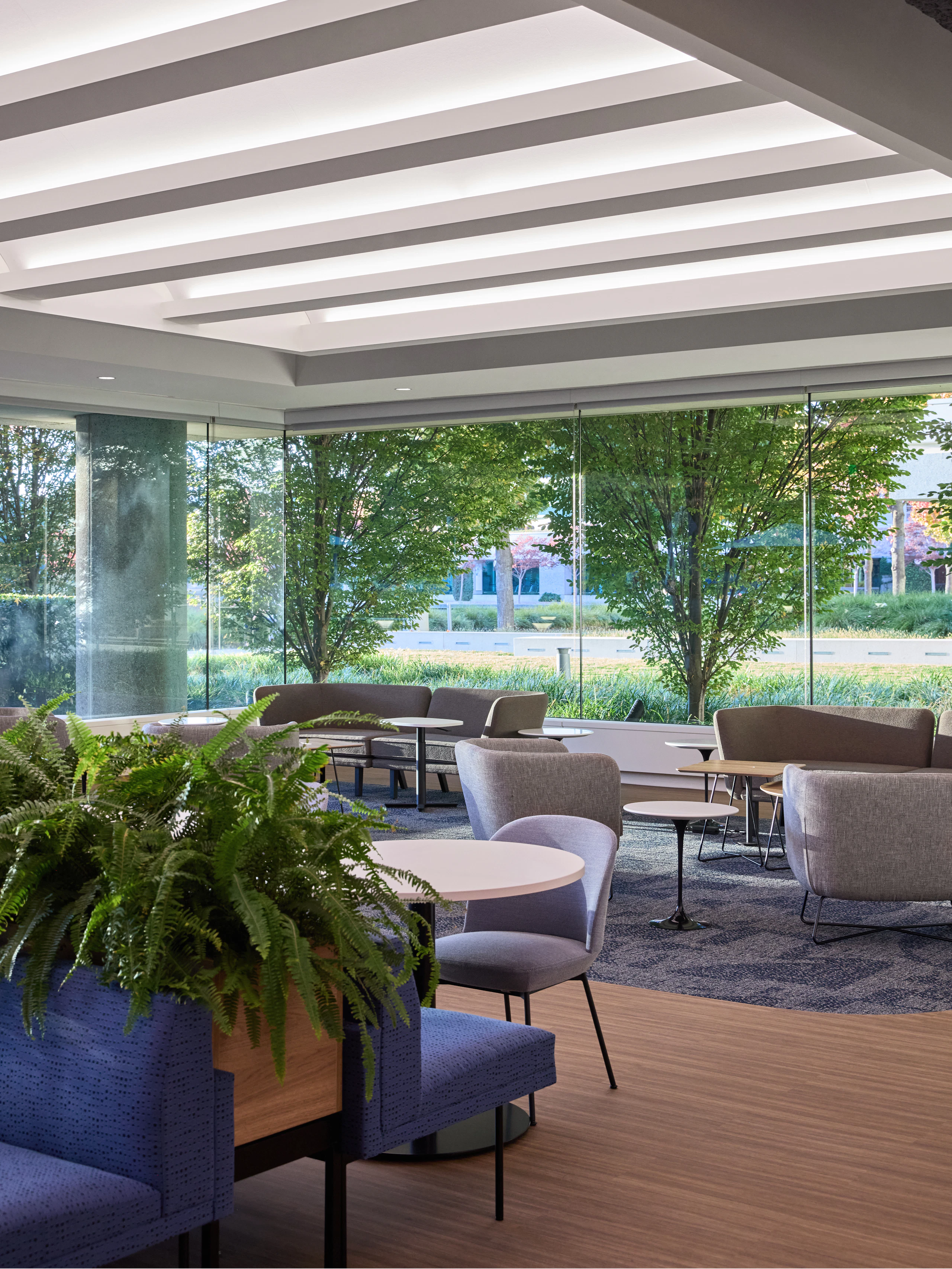 Communal area with Rockwell Unscripted Modular Lounge seating, Herman Miller Passport Tables, integrated planters, and floor-to-ceiling glass providing outdoor views and natural light.