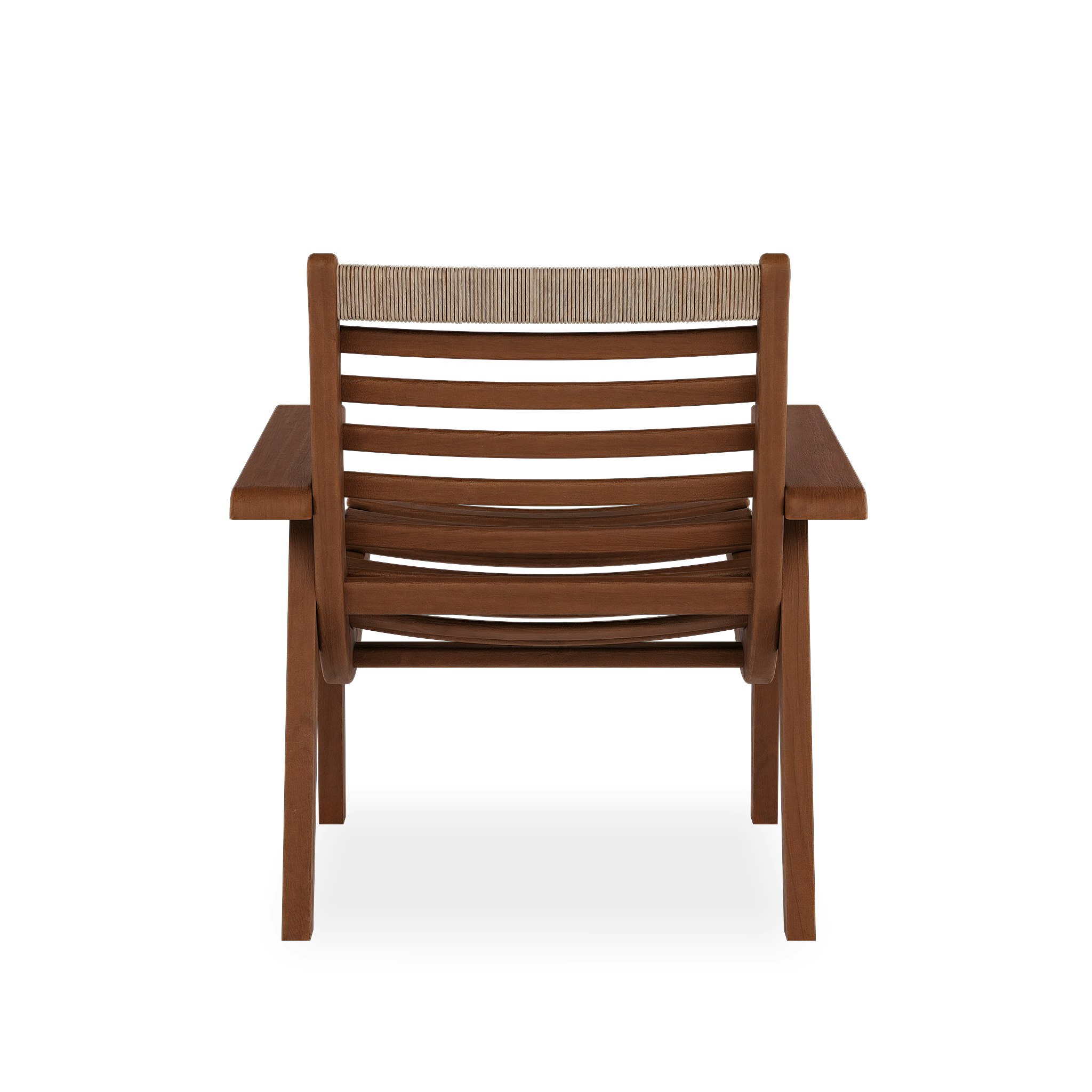 A Miquelito Outdoor Lounge Chair in teak all weather viewed from behind.