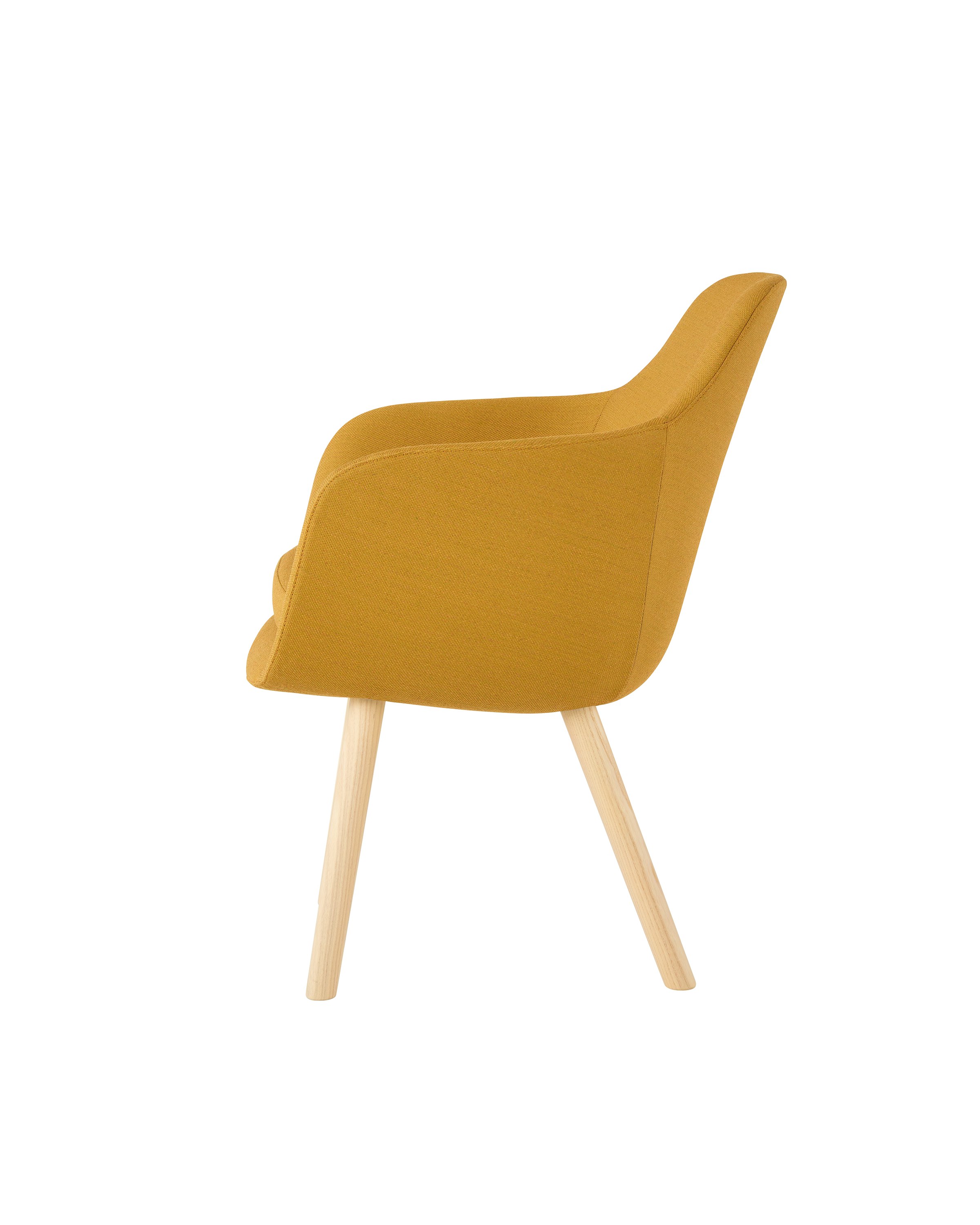Profile view of a Saiba Side Chair with yellow upholstery and light wood legs.