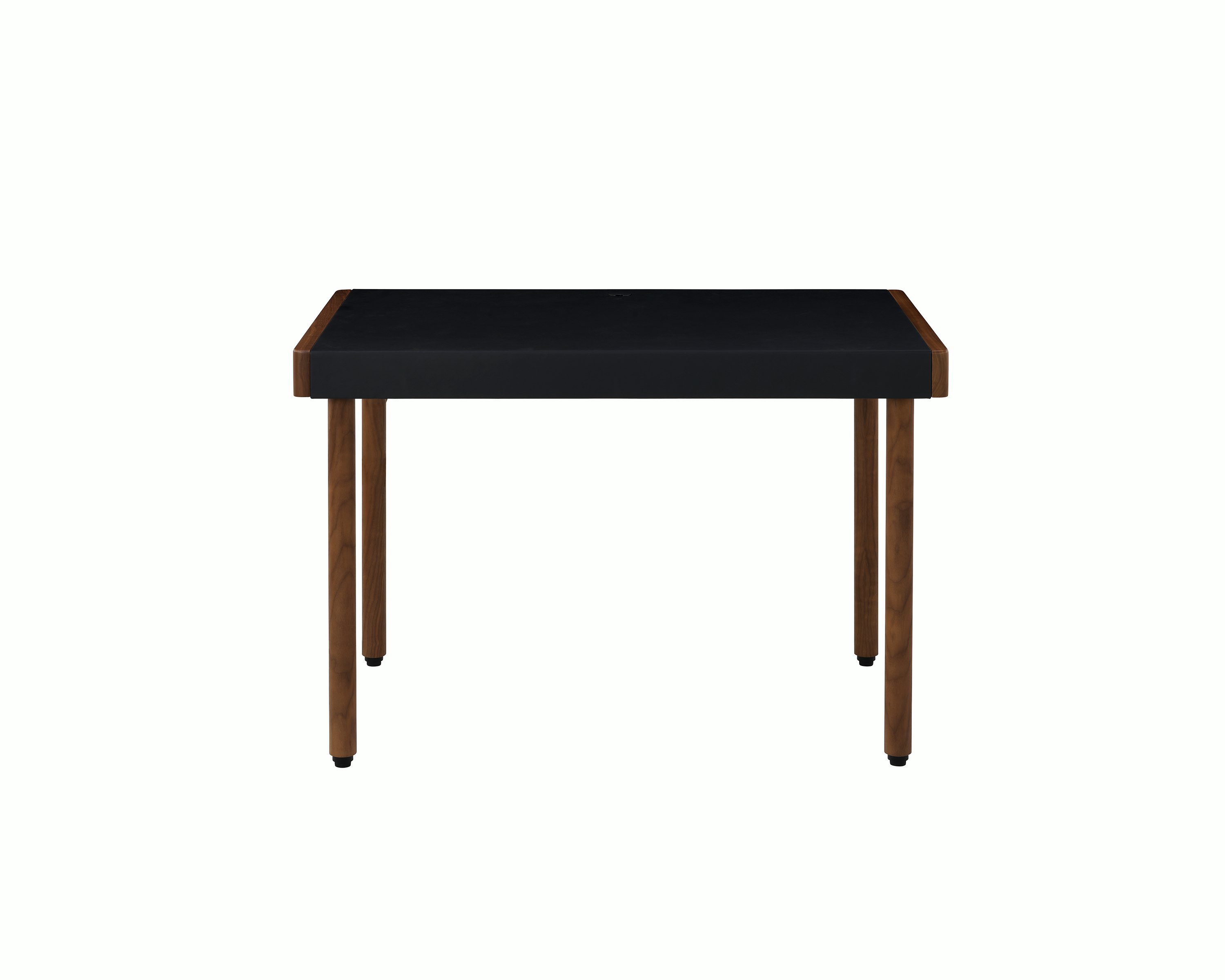 New Canaan Leatherwrap Sit-to-Stand Desk in Walnut and Black Leather, no drawers, front view.