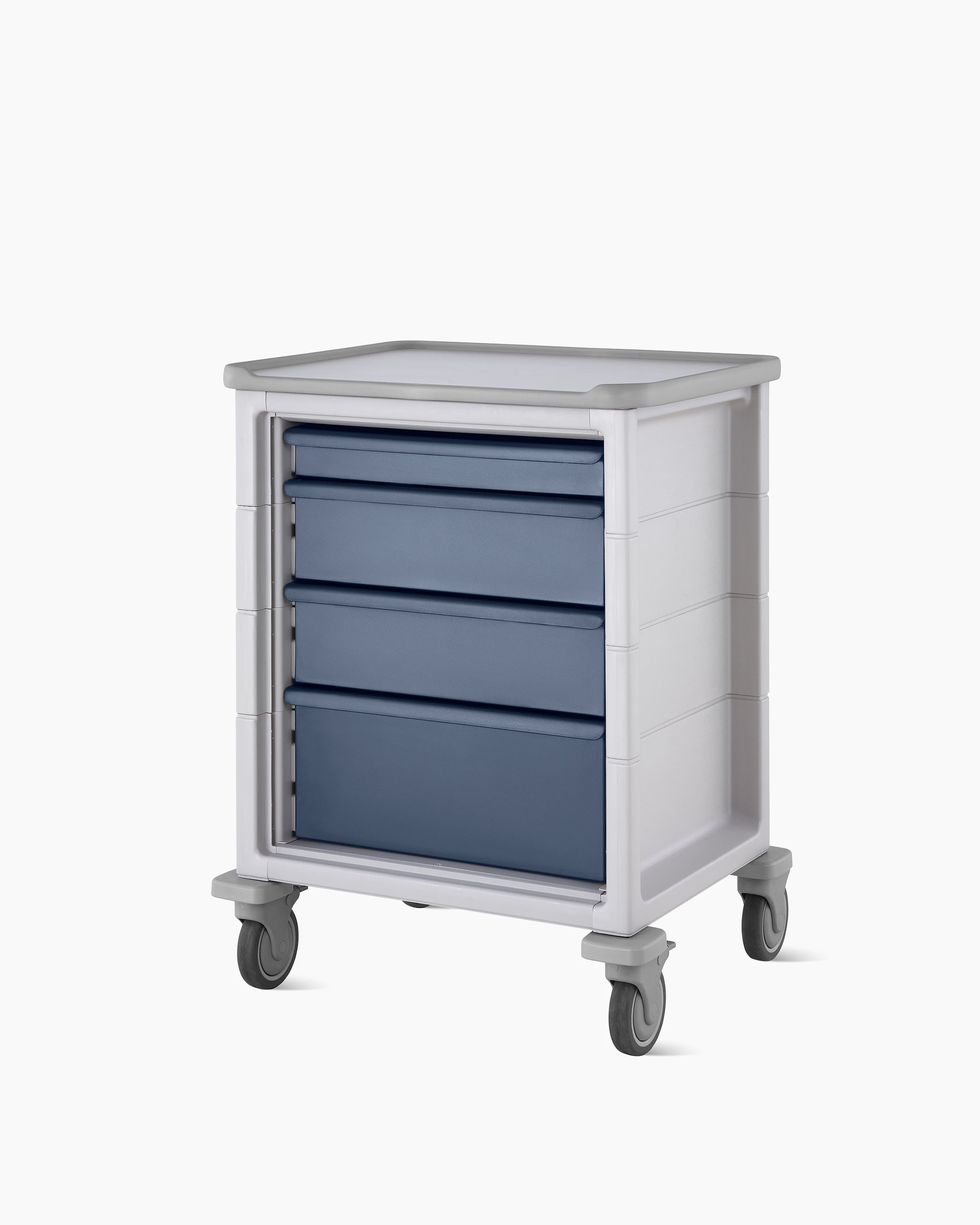 A mobile Procedure and Supply Cart in a light gray body and dark blue drawers.