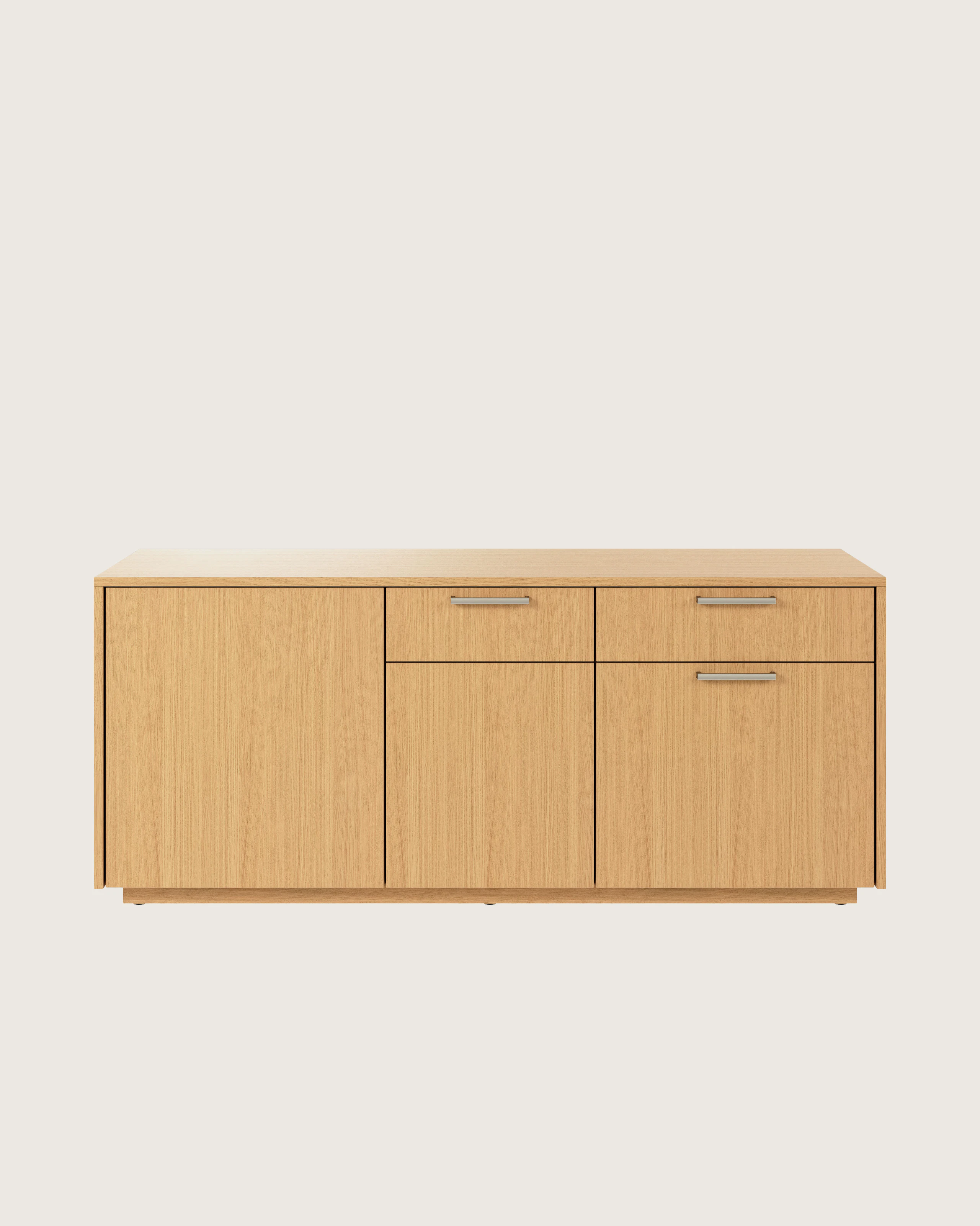 JD Credenza in Natural Rift Cut Oak with Satin Nickel drawer pulls viewed from the front.