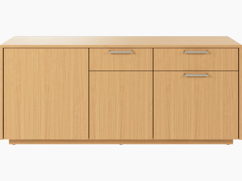 JD Credenza in Natural Rift Cut Oak with Satin Nickel drawer pulls viewed from the front.