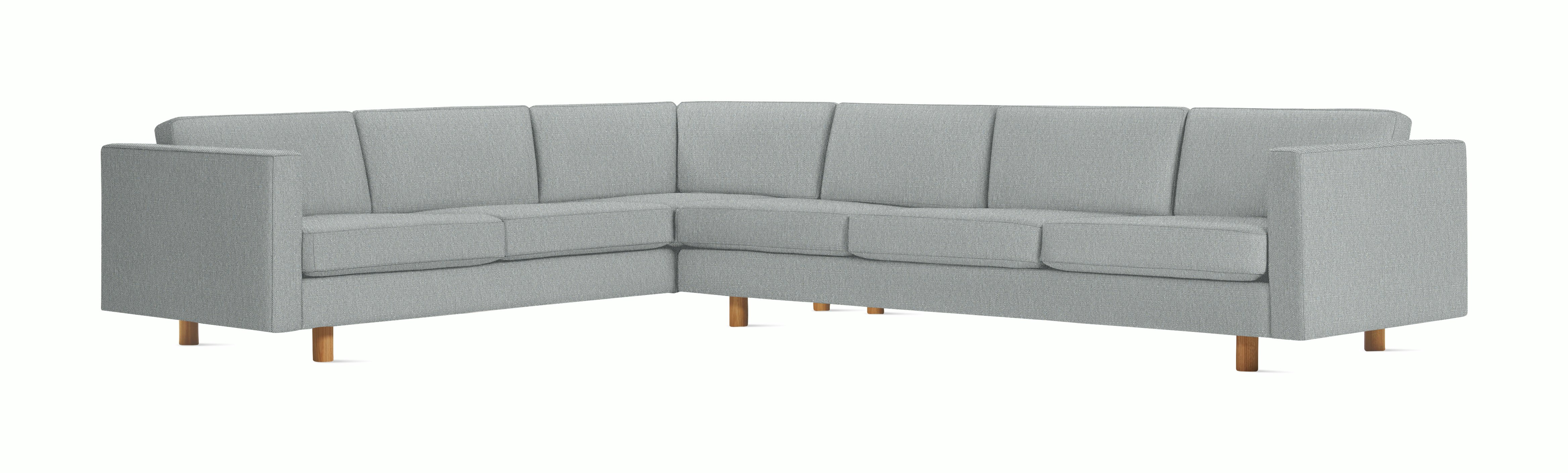 A Lispenard Corner Sectional in Powder with Oak finish viewed from the front.
