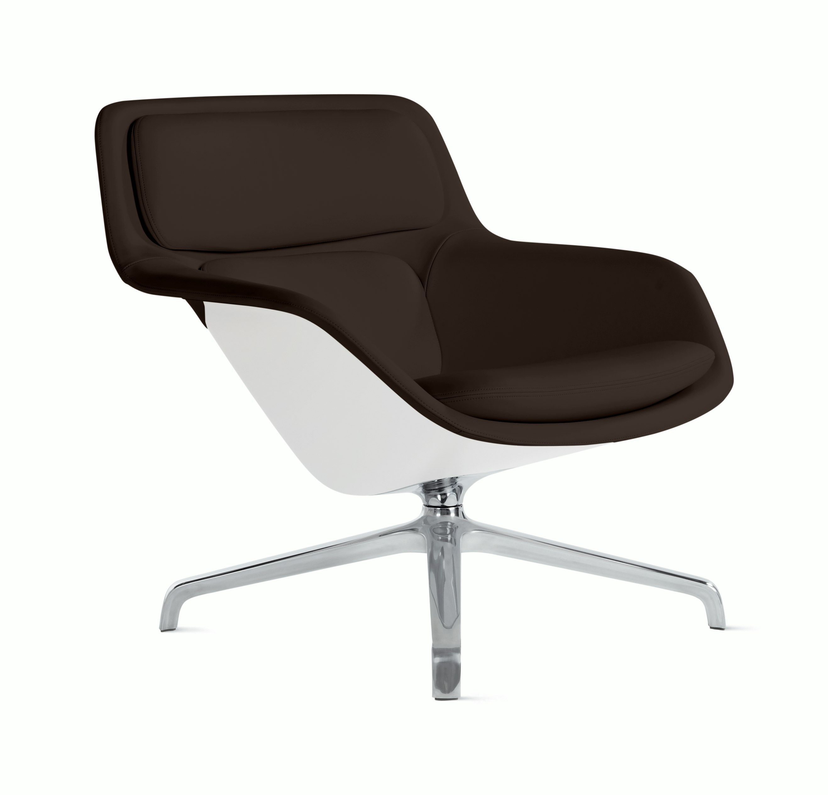 Striad Lounge Chair in Low Back,  4-Star Swivel Base Polished Alumium,  Prone Leather,  Java with White Shell
