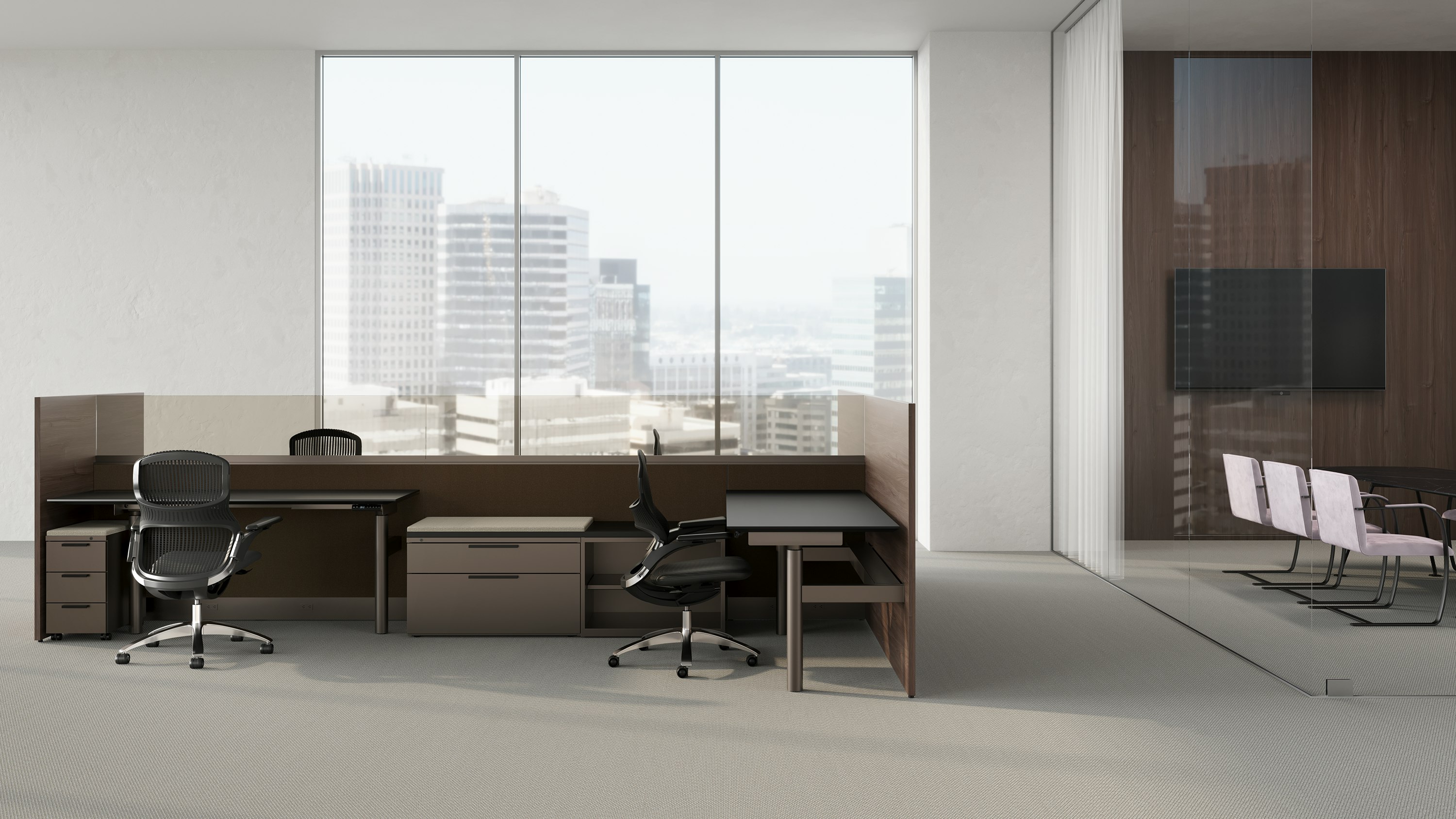 Systems workplace with two height adjustable desks with credenza and pedestal.