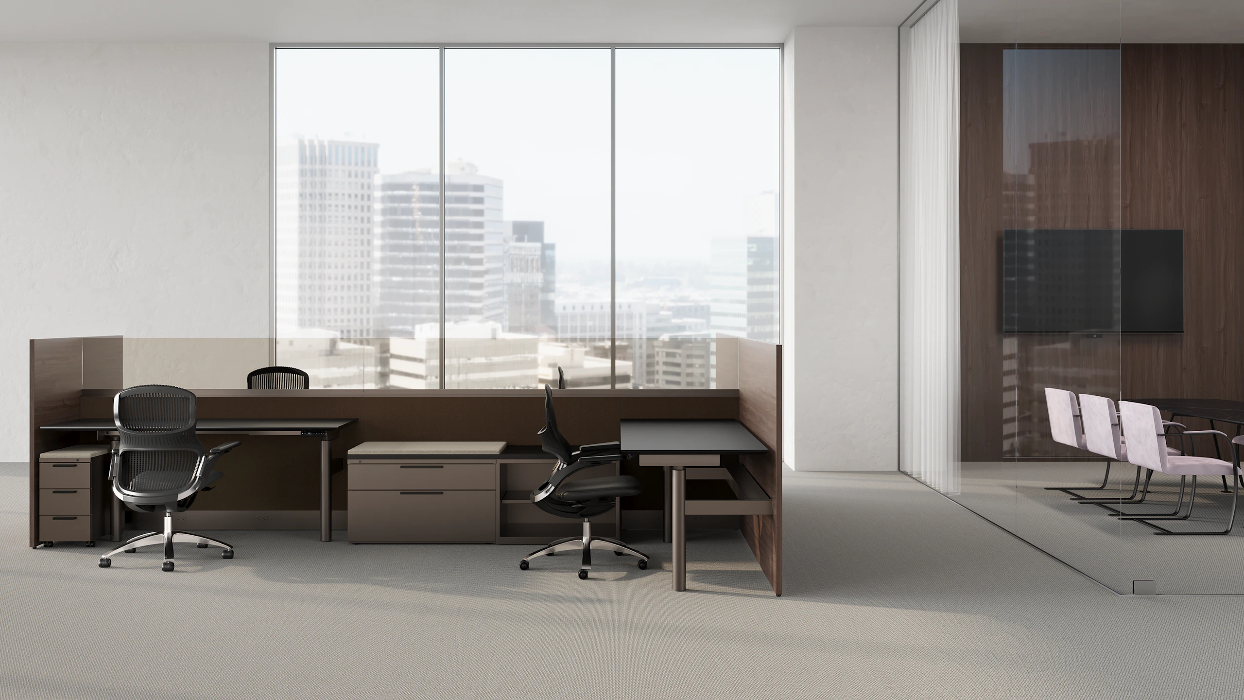 Systems workplace with two height adjustable desks with credenza and pedestal.