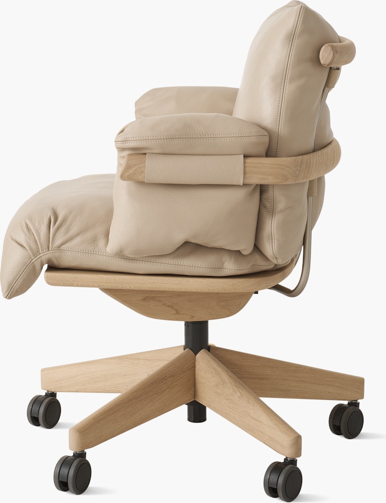 Ramus Chair - Low Back,  Comfort Leather,  Grey Beige,  Oak,  Satin Brass,  Hard Floor Caster