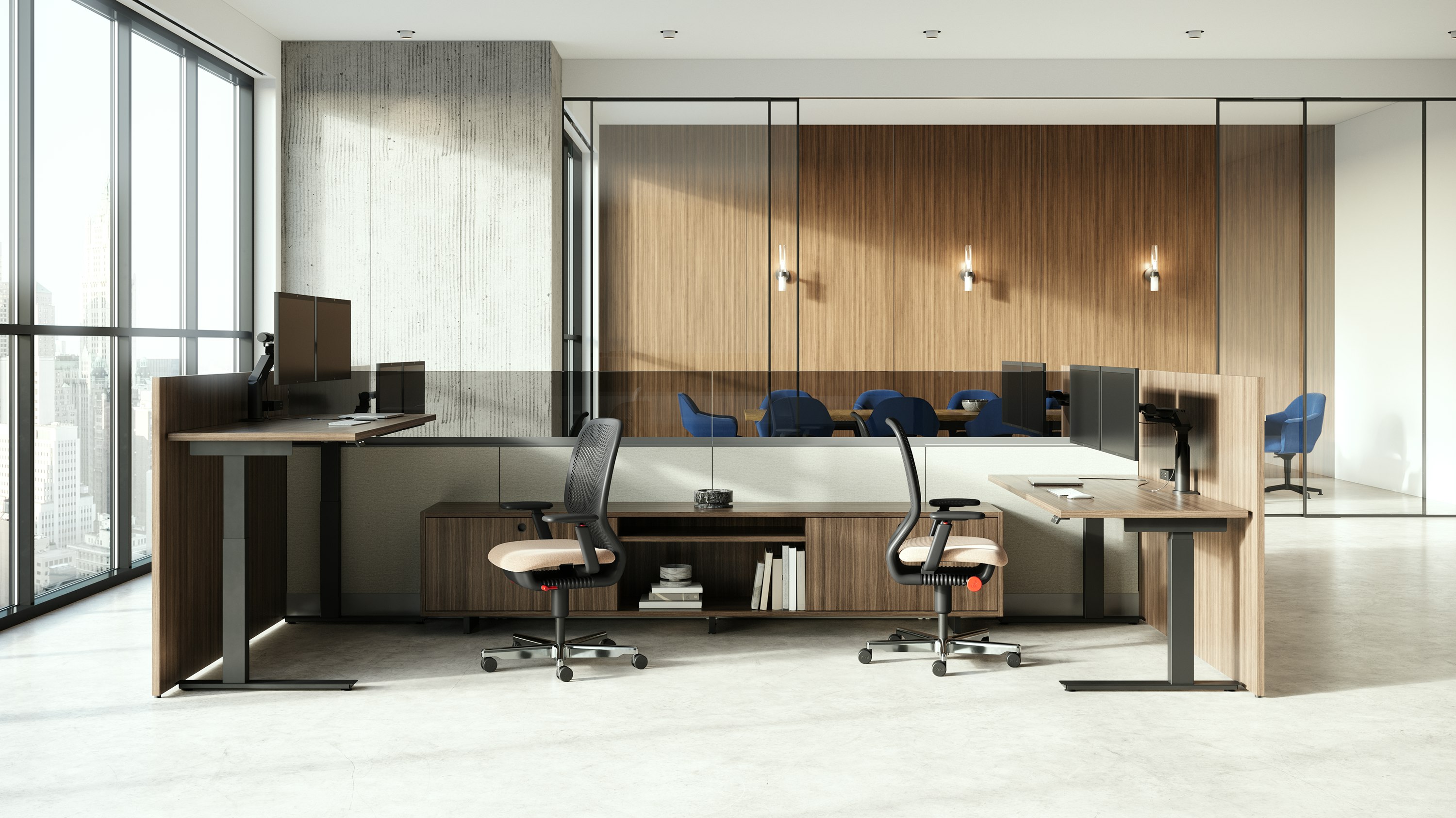 Four Assigned Workstations with Lev Tables and Reff, Newson Chair.
