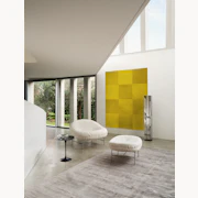 Lounge chairs and ottoman in a bright living area.