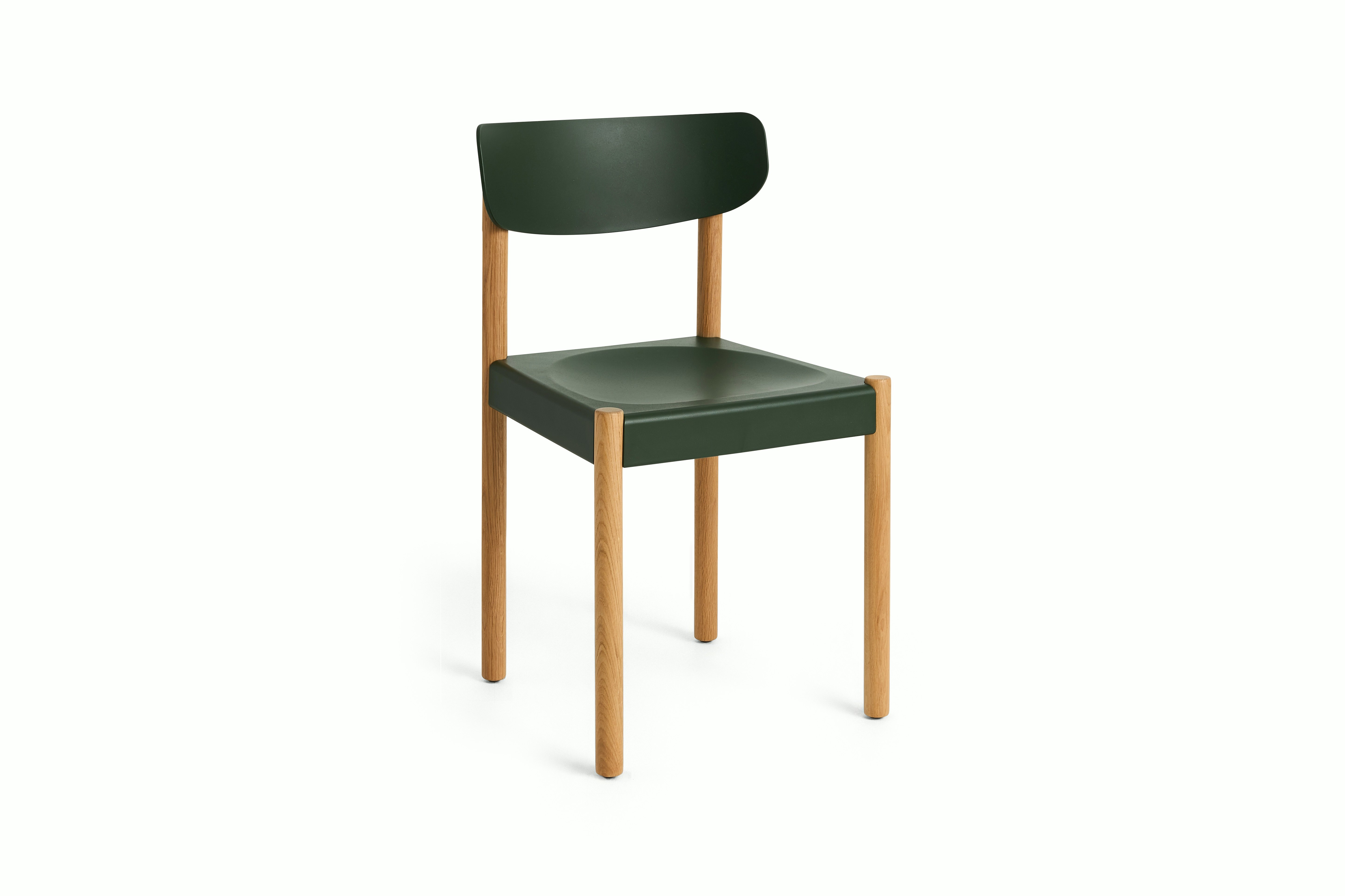 Pack Side Chair with green seat and back on oak legs, angled view