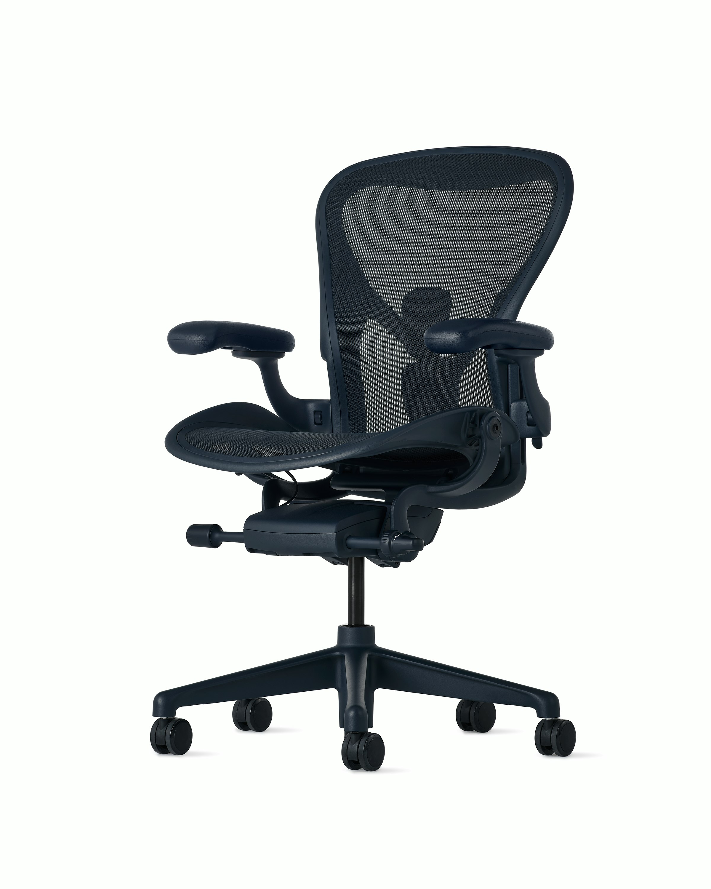 Front angle view of an Aeron chair in navy with PostureFit SL.