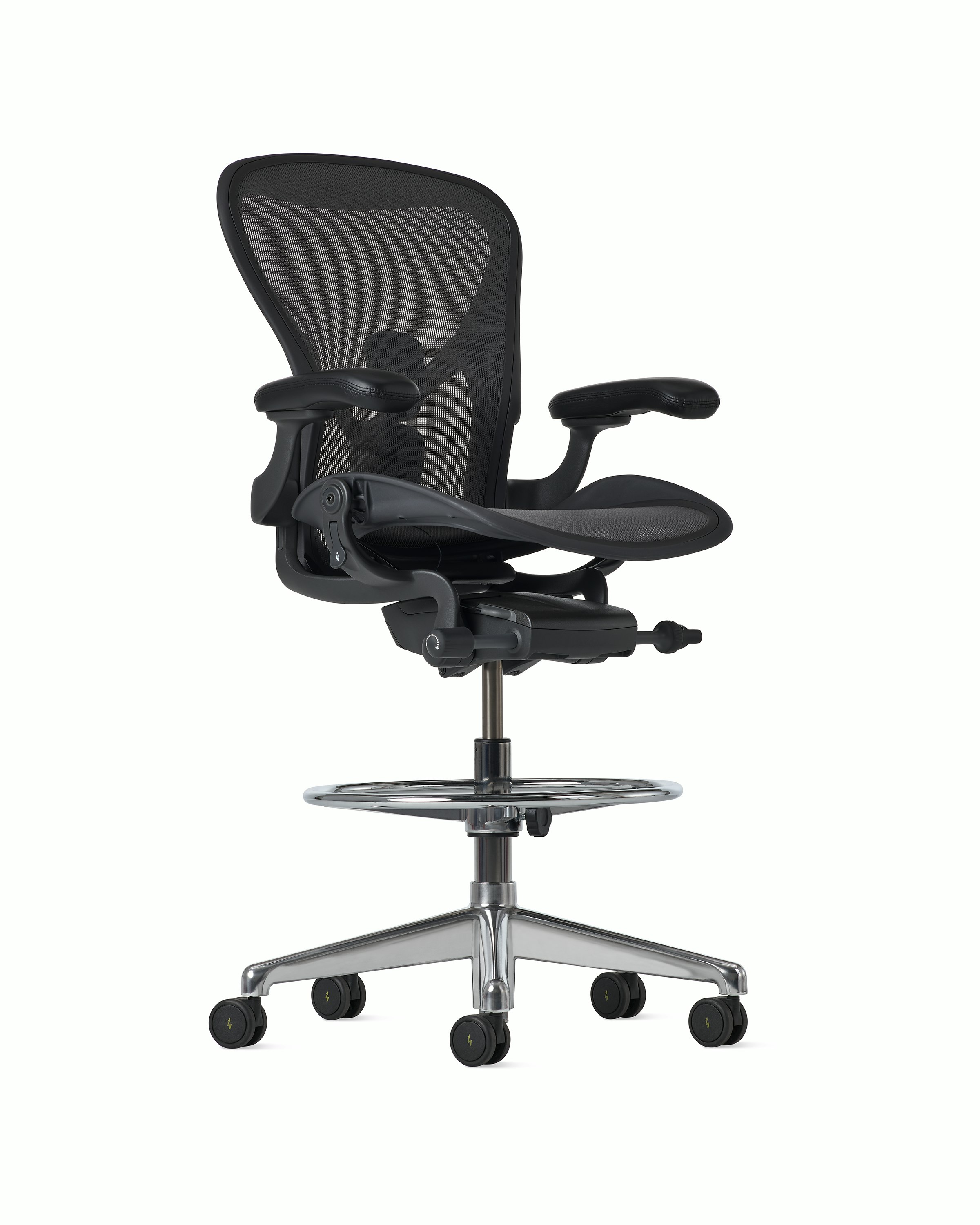 Front angle view of an Aeron ESD stool, granite frame and suspension and polished base.