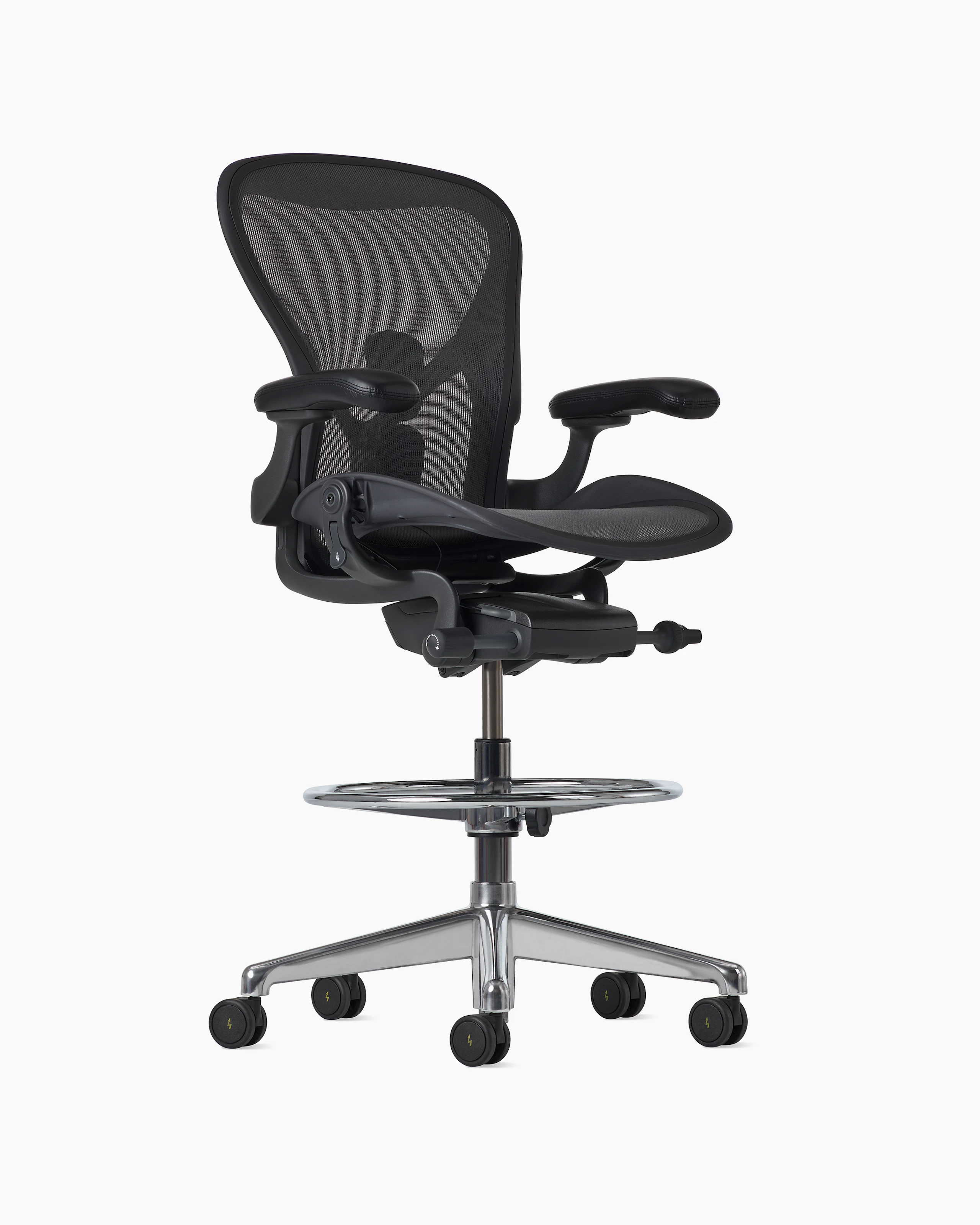 Front angle view of an Aeron ESD stool, granite frame and suspension and polished base.