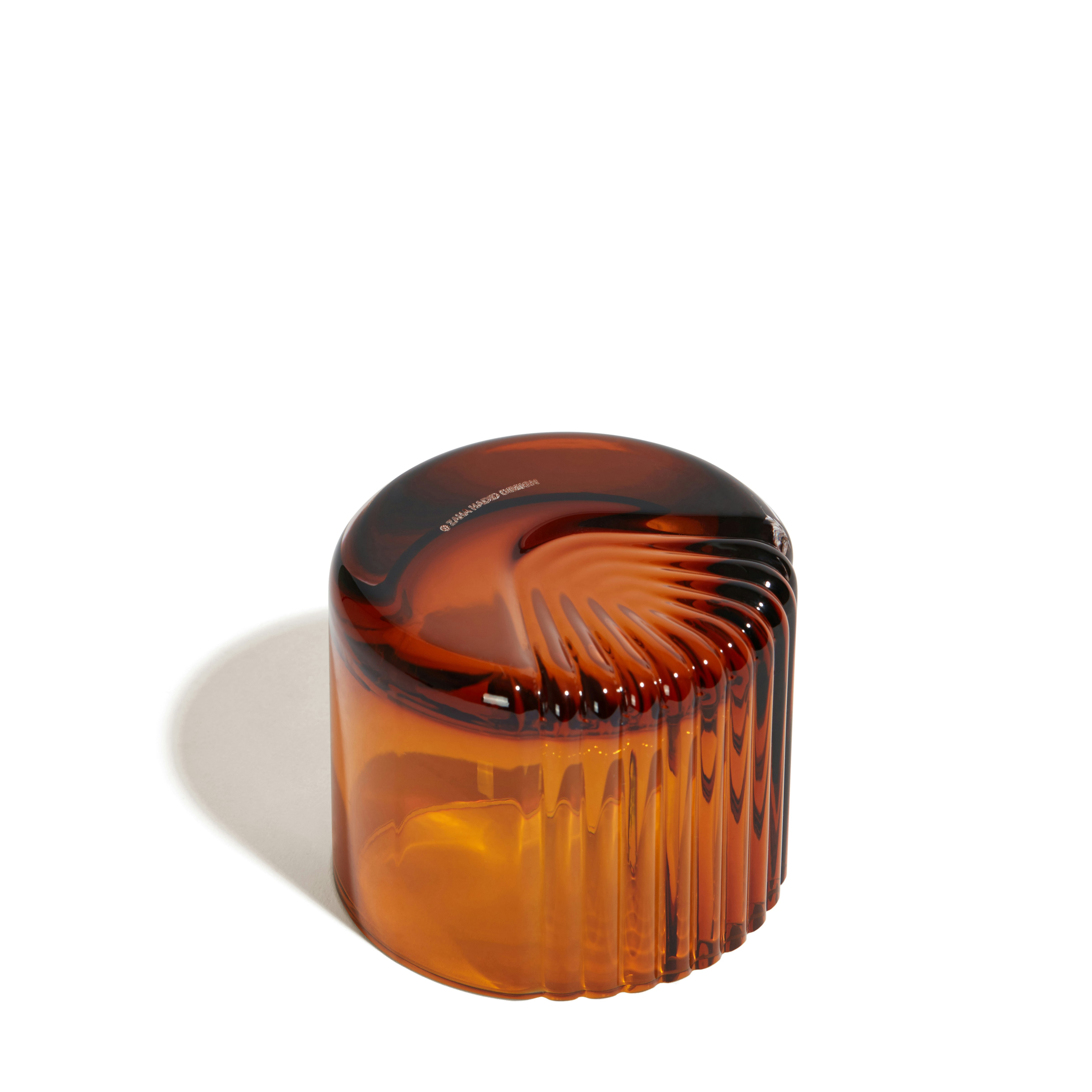 A Pulse Tealight Holder in Amber viewed from back.