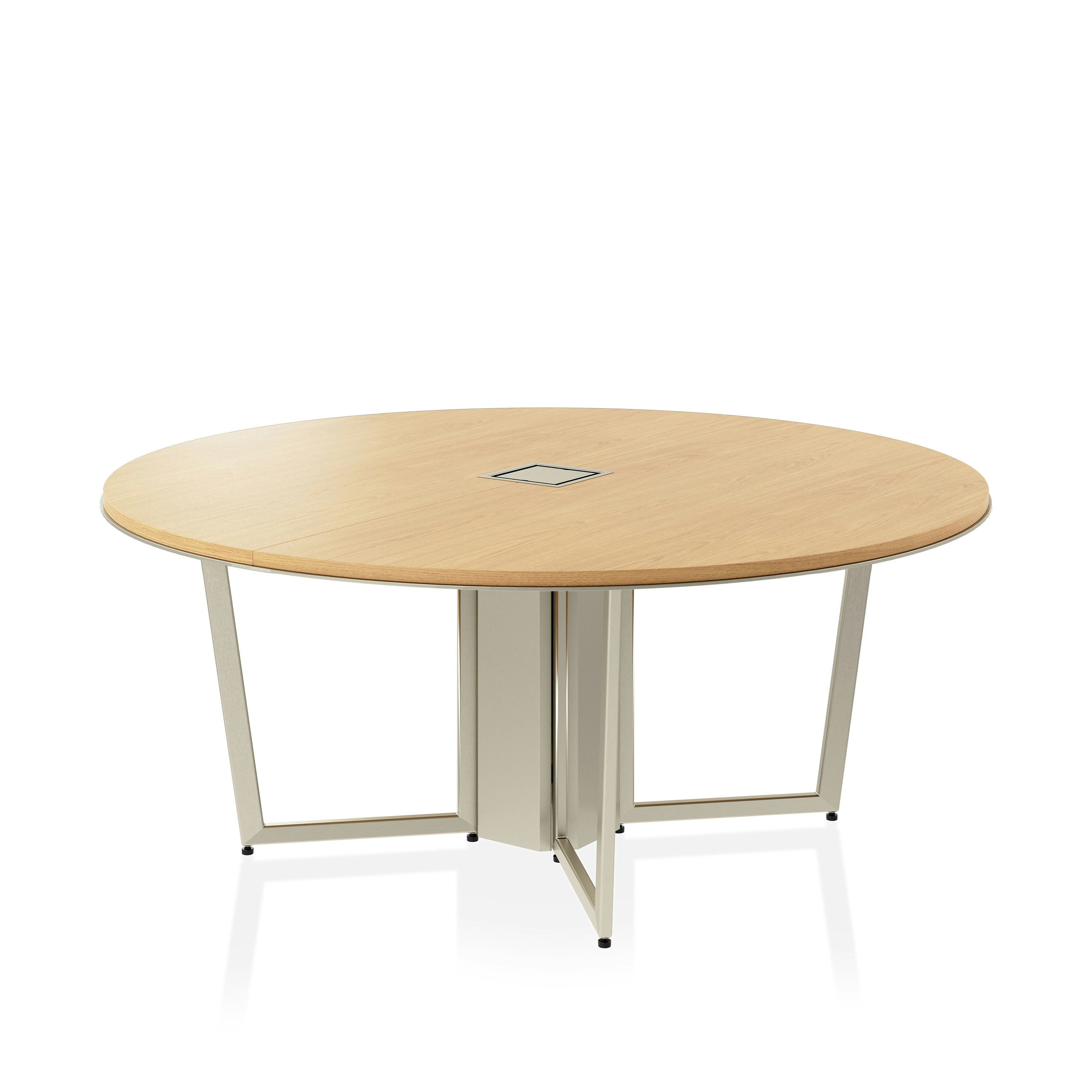 Circular Highline Meeting Table in Natural Flat Cut Oak with a Satin Nickel wire management base viewed from a 45 degree angle.