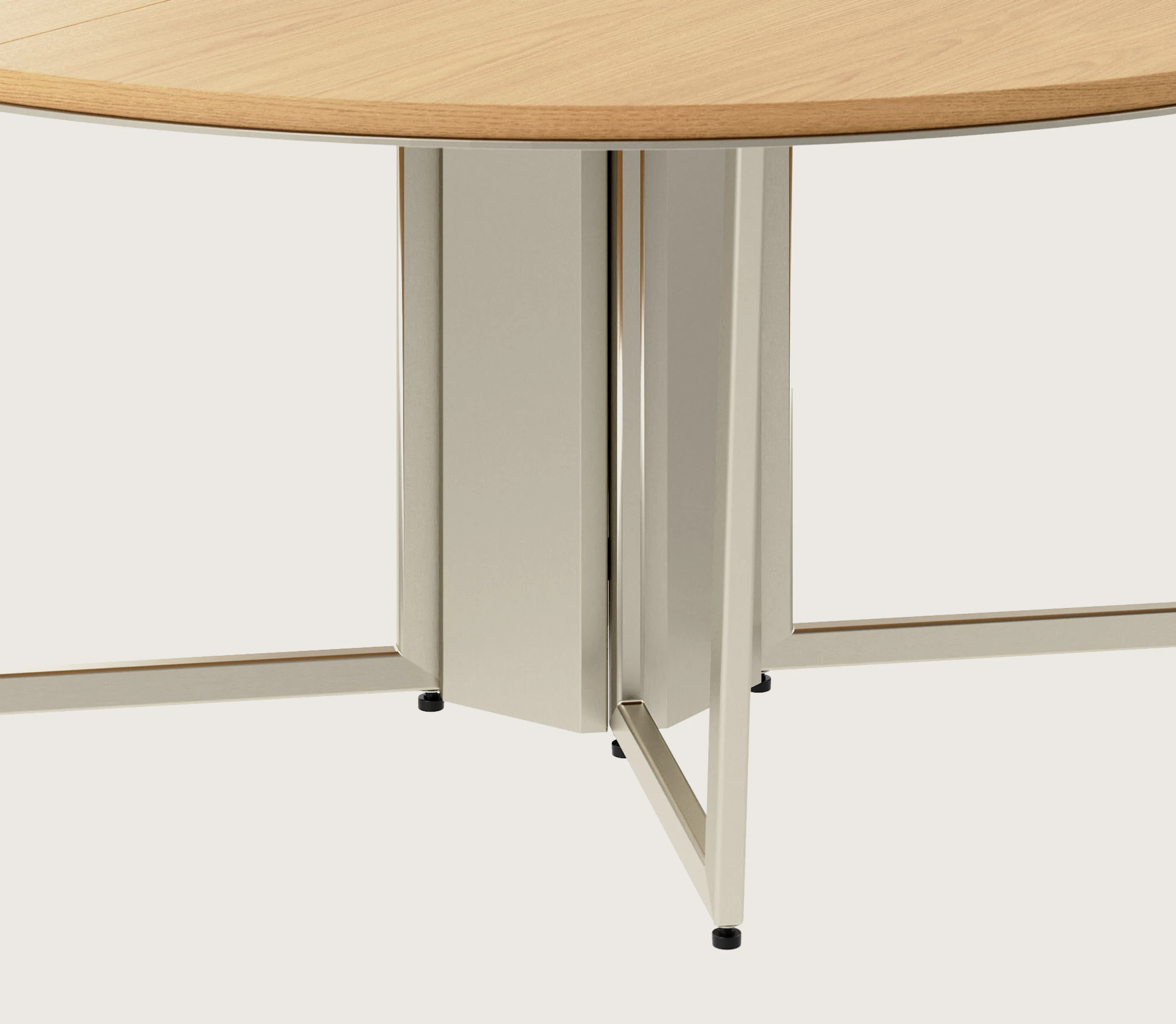 Circular Highline Meeting Table in Natural Flat Cut Oak with a Satin Nickel wire management base viewed from a 45 degree angle.