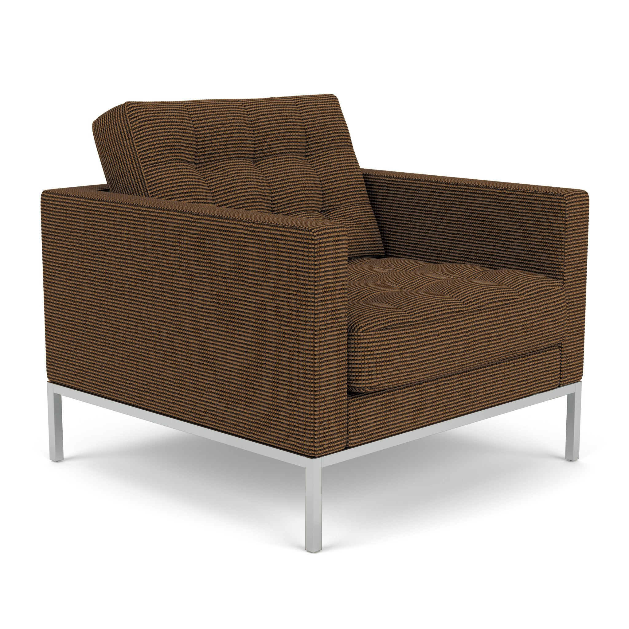 A Florence Knoll Relaxed Lounge Chair in Brunette with Chrome viewed from an angle.