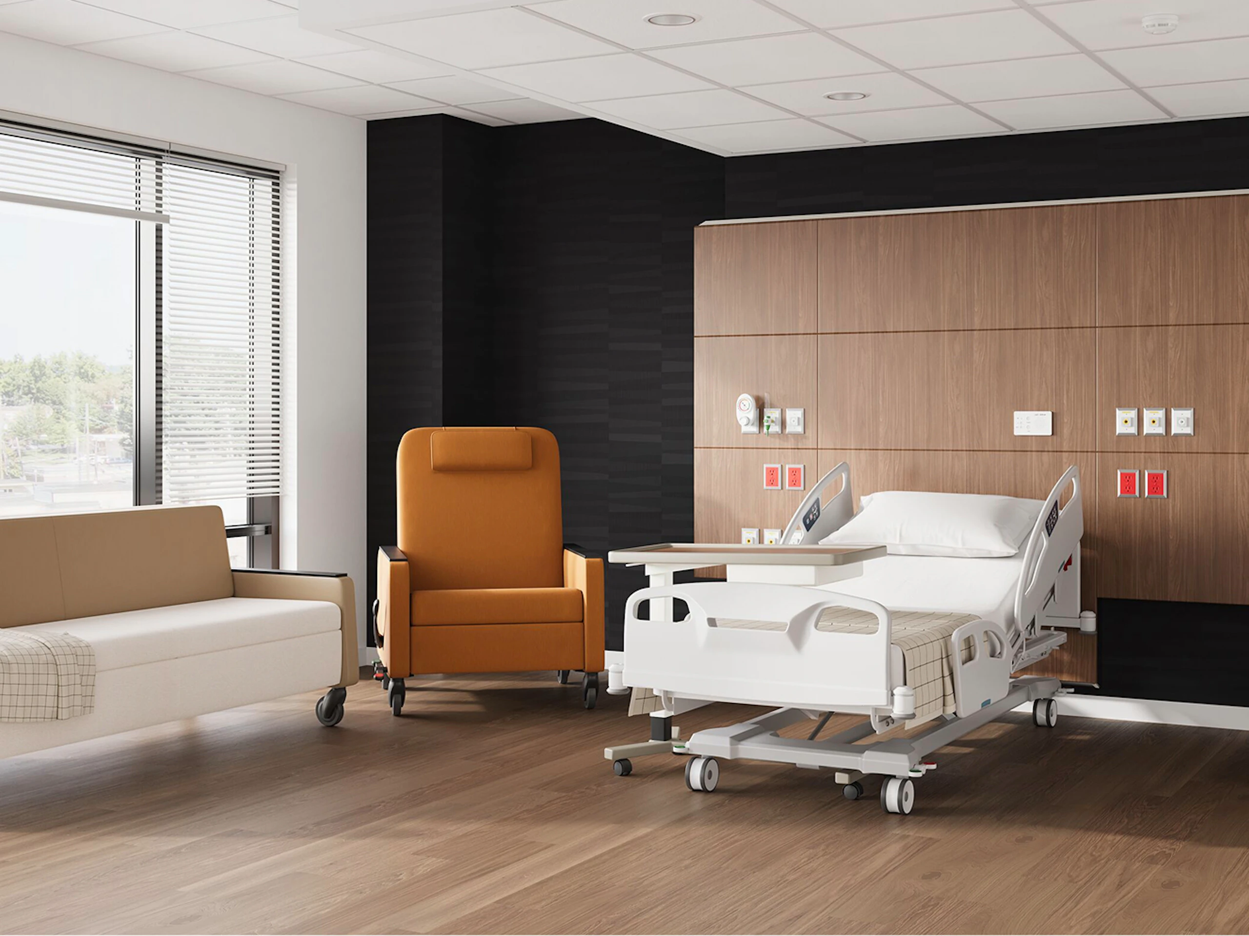 Gemma Recliner & Gemma Flop Sofa paired with Mora System in a patient room.