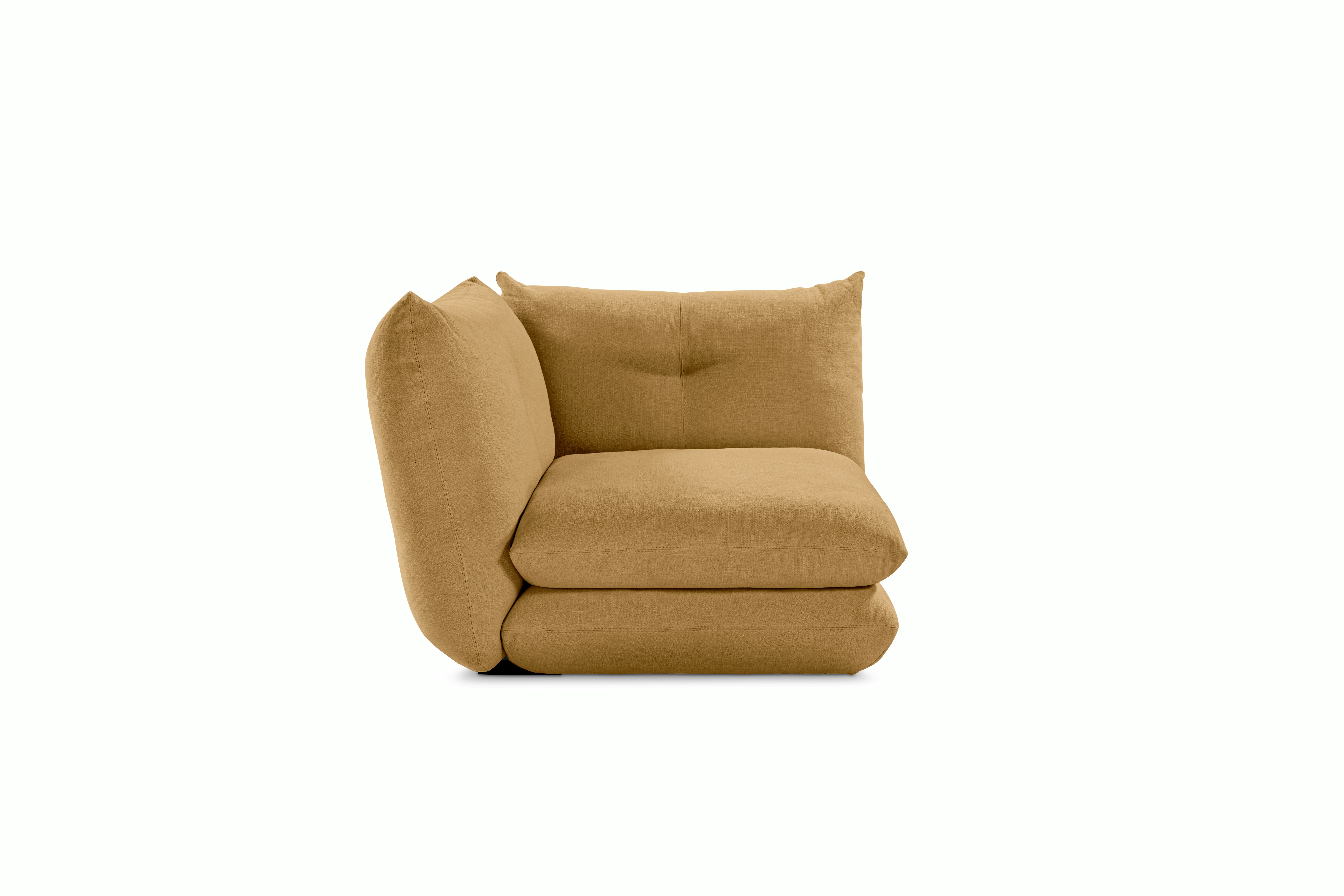 A Perron Pillo Corner Seat Module in Brass viewed from the front.