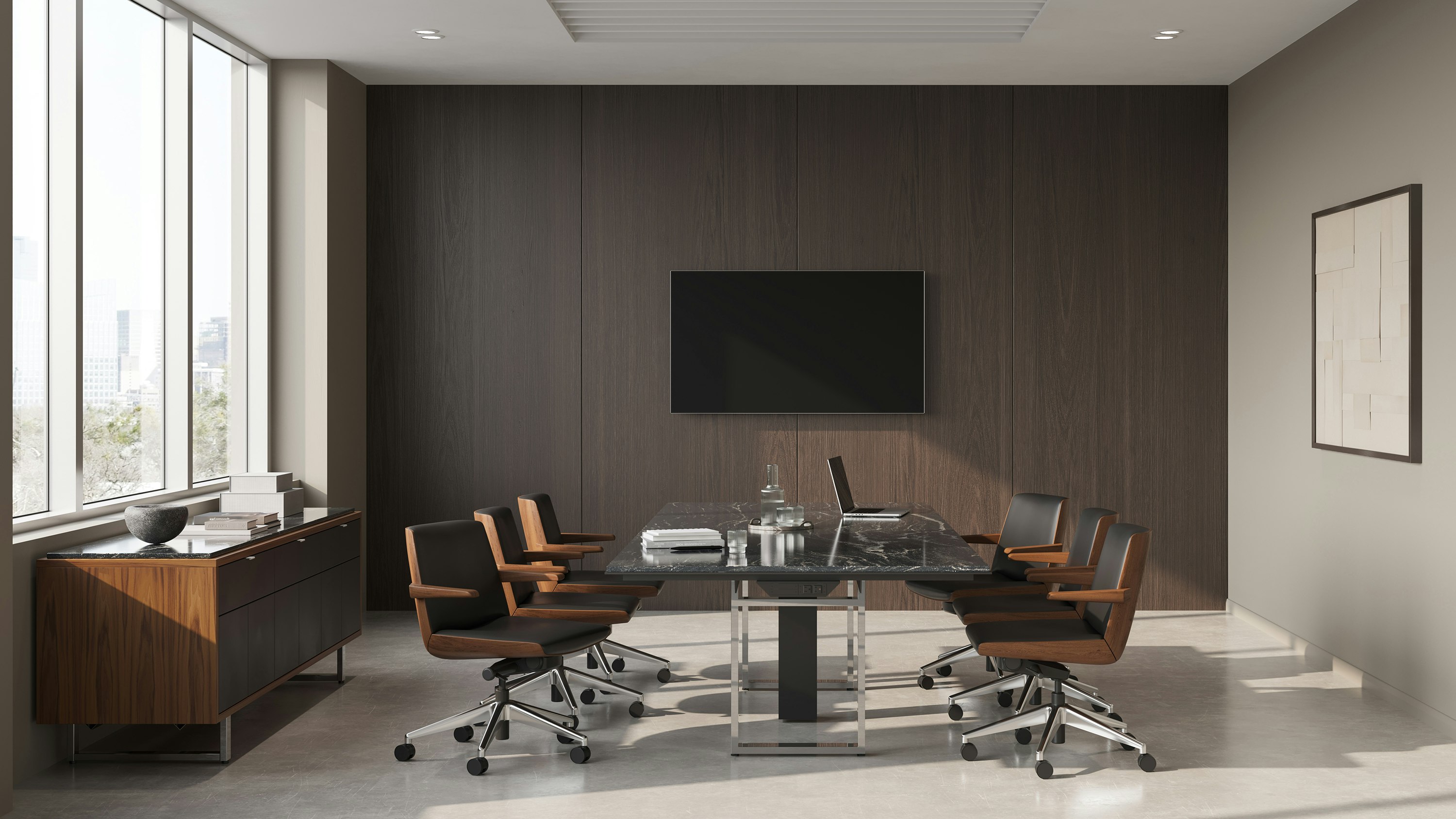 Highline Conference Table and Highline 25 Credenza in Black Granite with Clamshell Chairs in conference room.