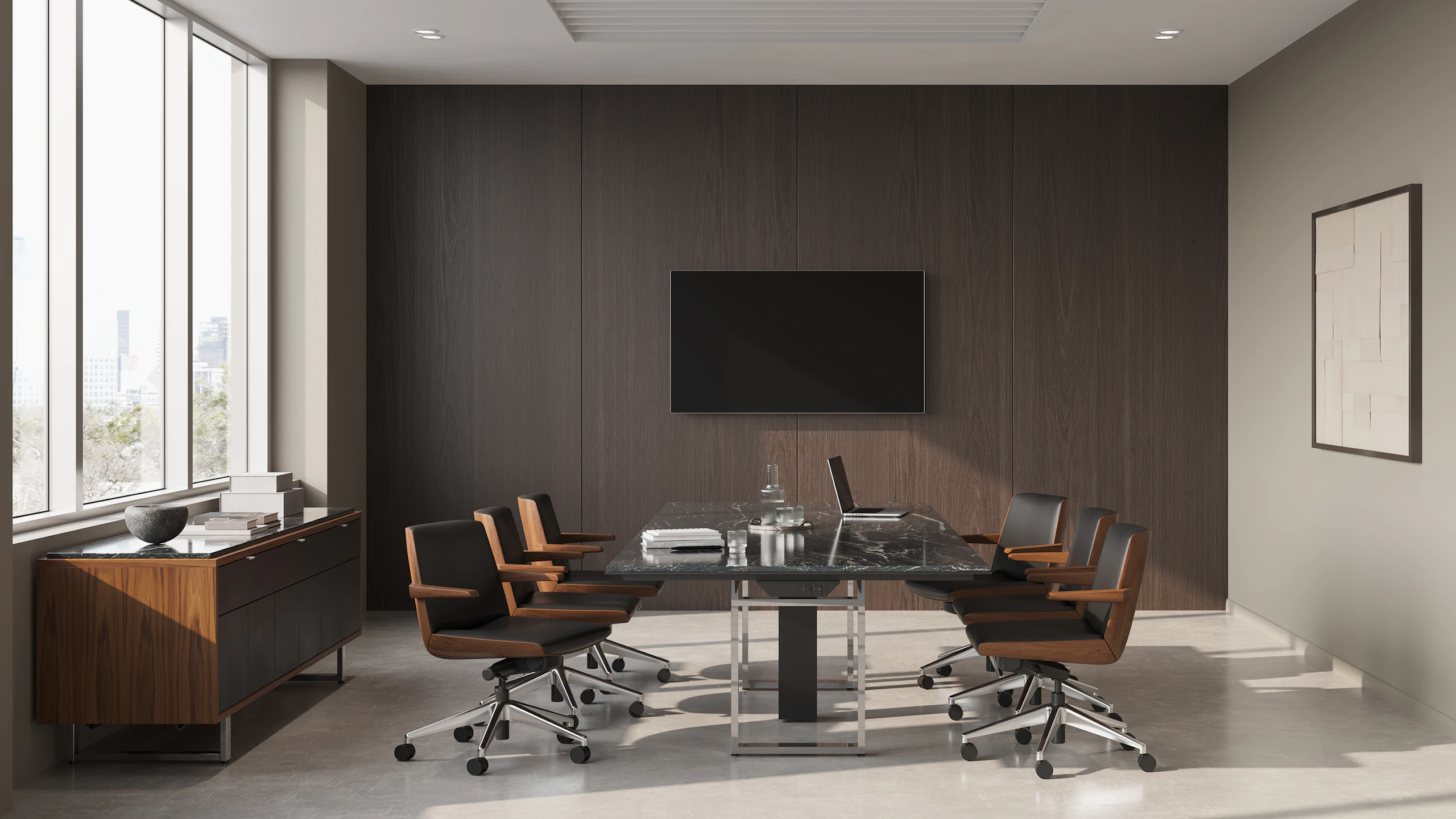 Highline Conference Table and Highline 25 Credenza in Black Granite with Clamshell Chairs in conference room.