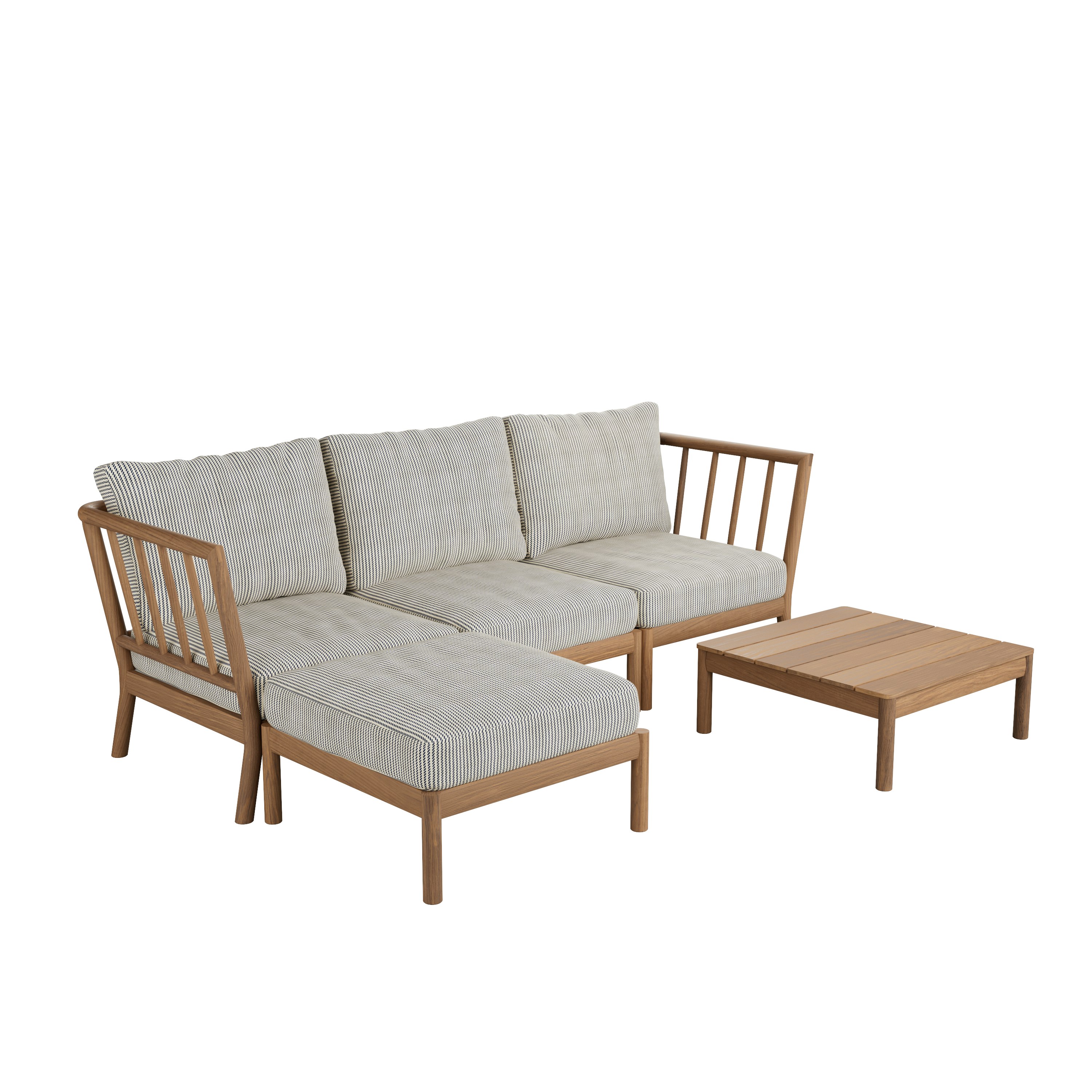 A Tradition Outdoor Chaise Sectional with Table in Navy viewed from an angle.