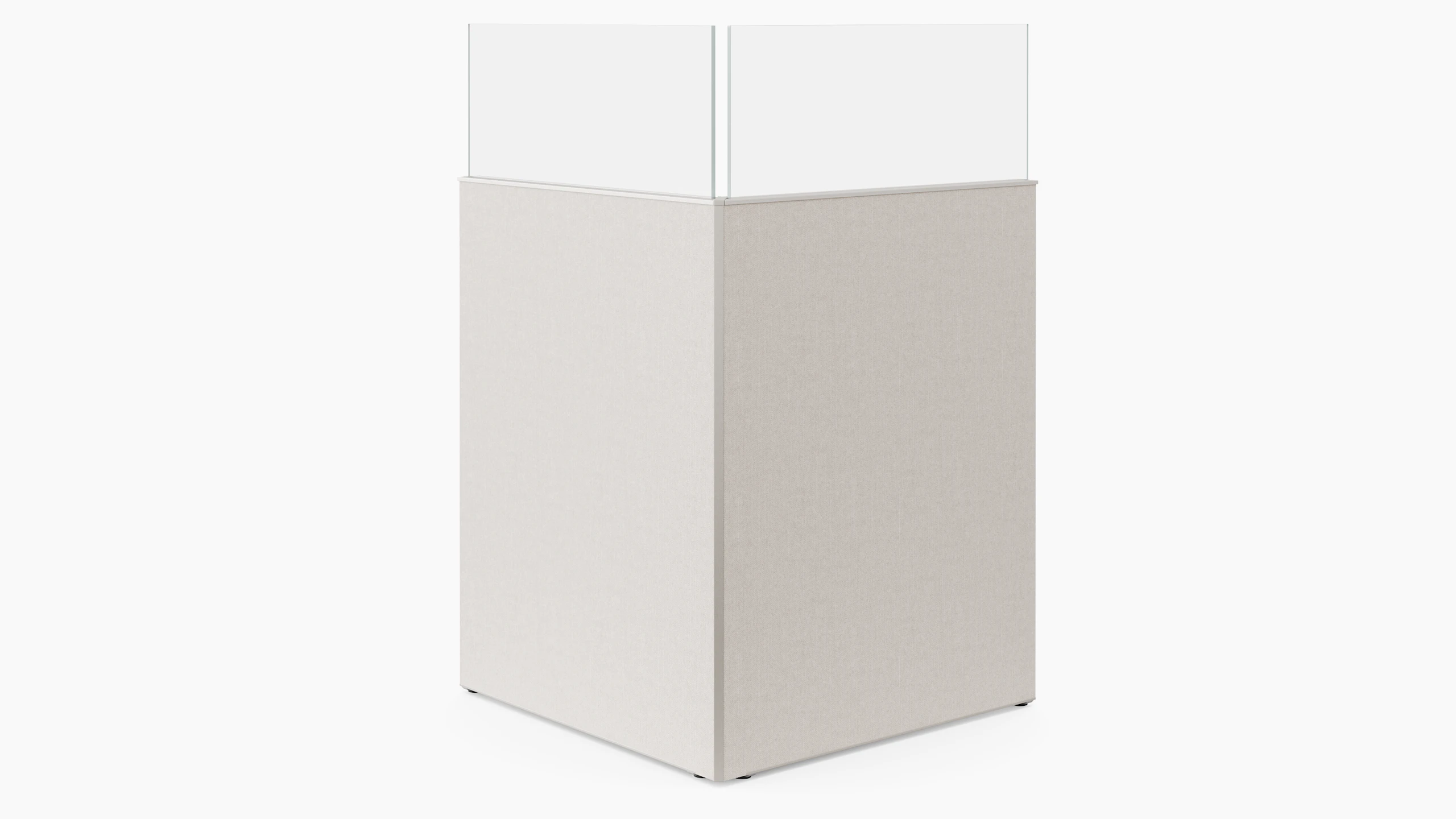 A white sweep rendering shows system panels joining at a 90 degree angle. Both of the panels have a glass add on sitting on the top.