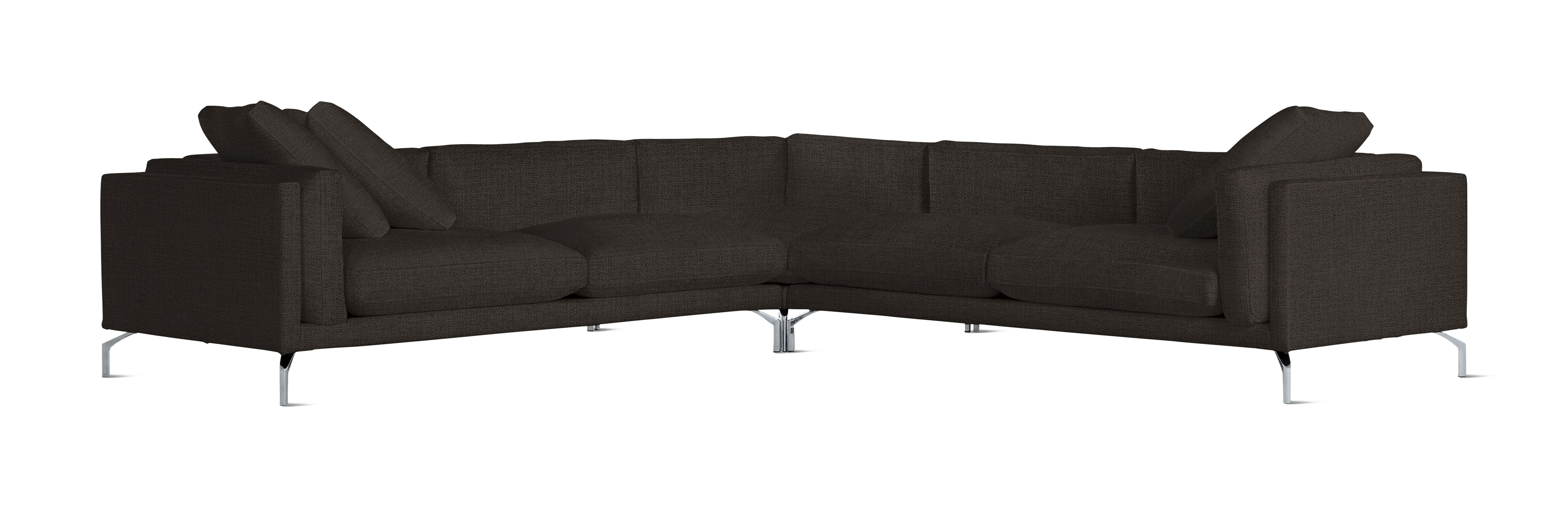 A Como Corner Sectional in Pebble Weave: Chocolate viewed from the front.