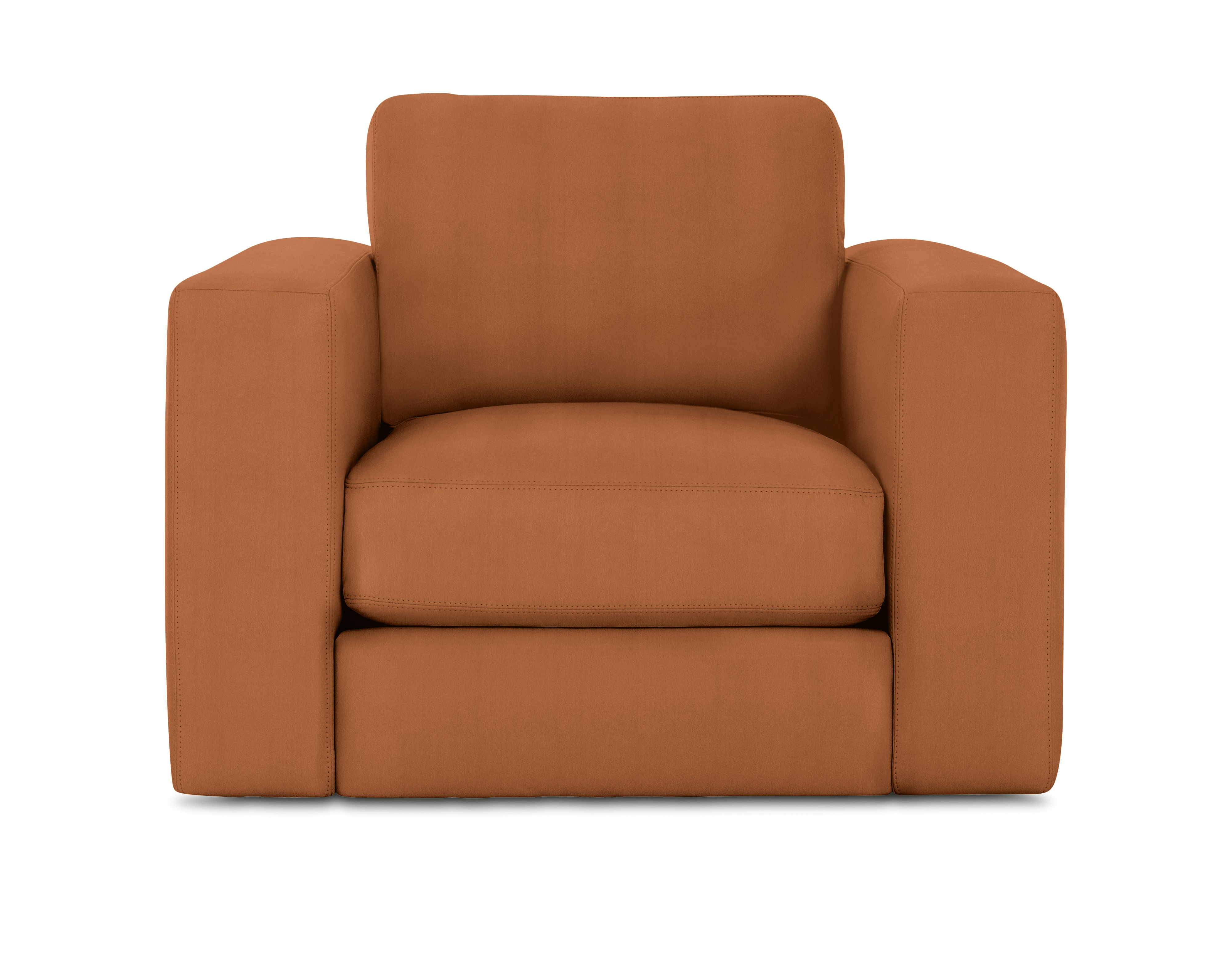 A Reid Armchair in Clay viewed from the front.