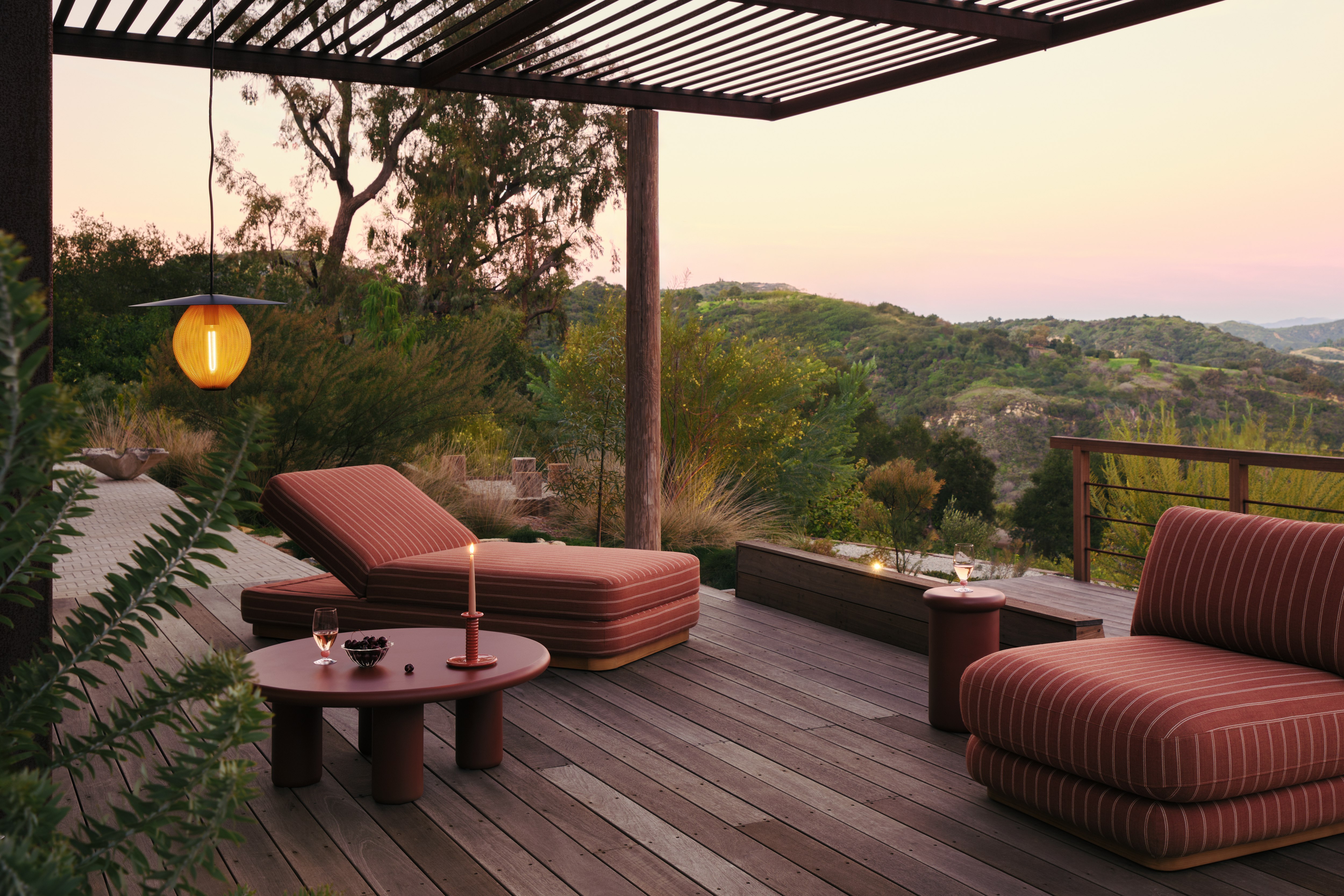 Stack Chaise Lounge and Lounge Chair in red stripe on a deck