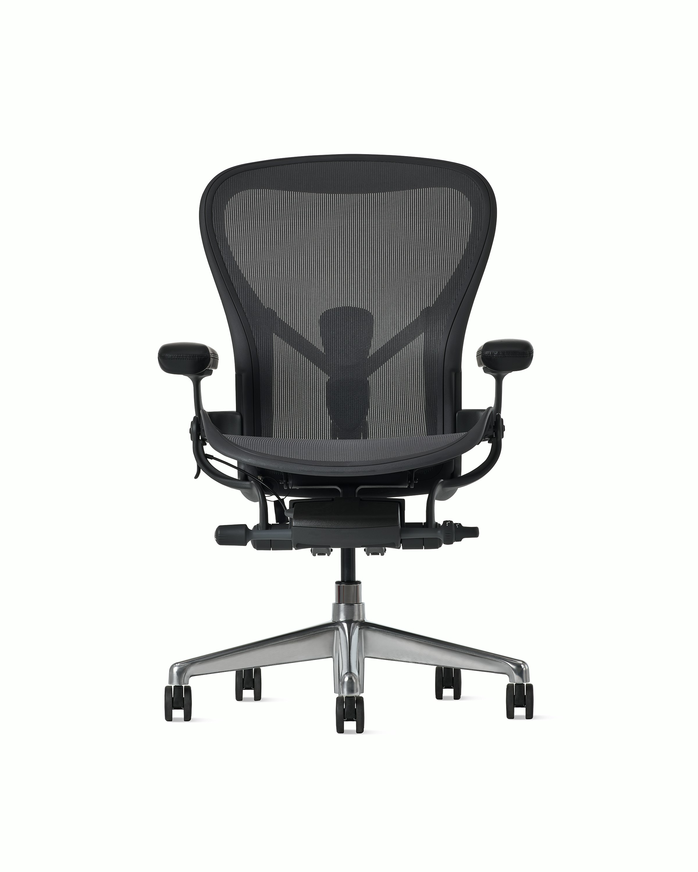 Front view of an Aeron ESD chair in size C, granite frame and suspension and polished base.