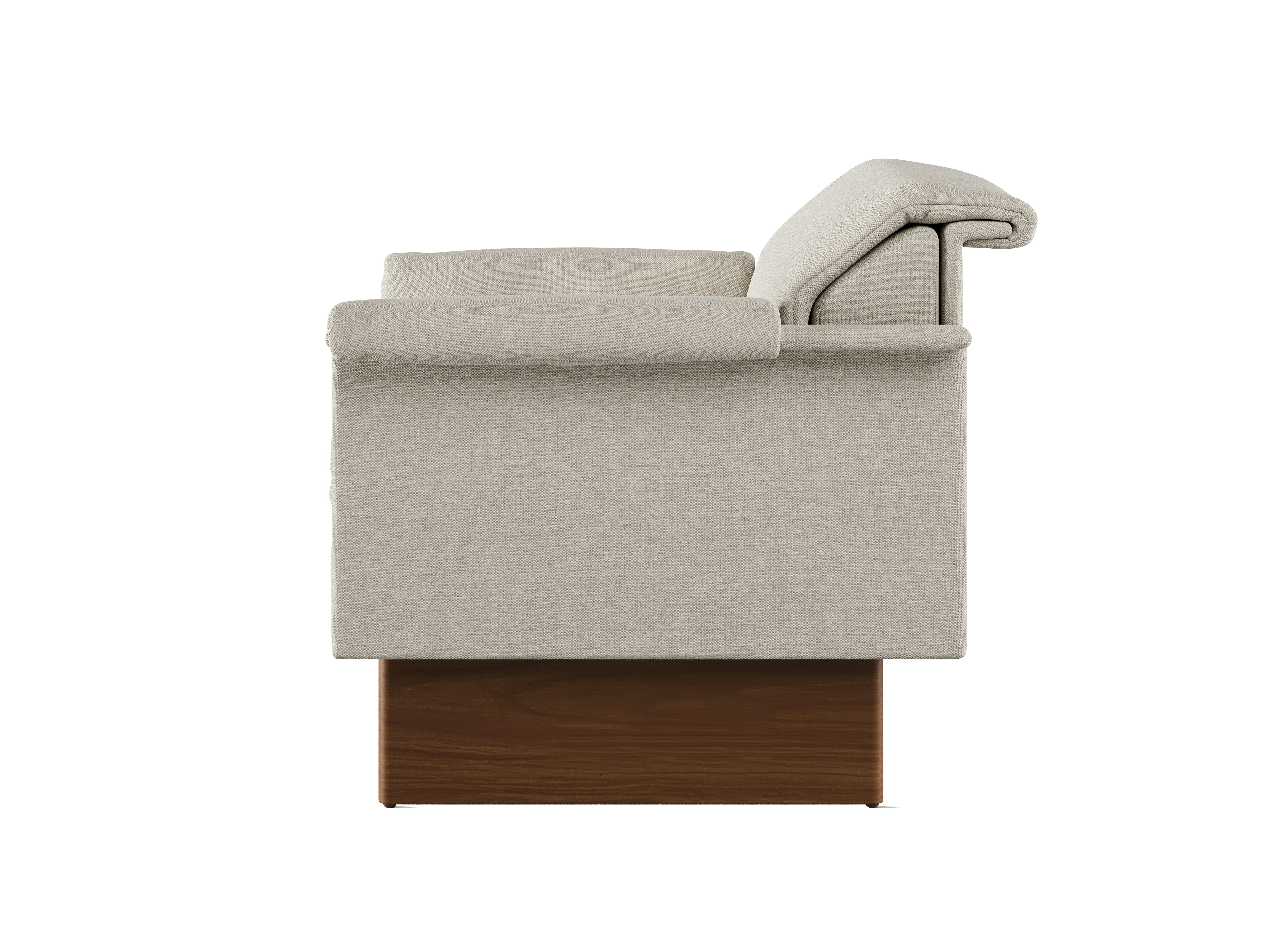 Mantle Club Chair in Capri Stone with Walnut Wood Base, side view.