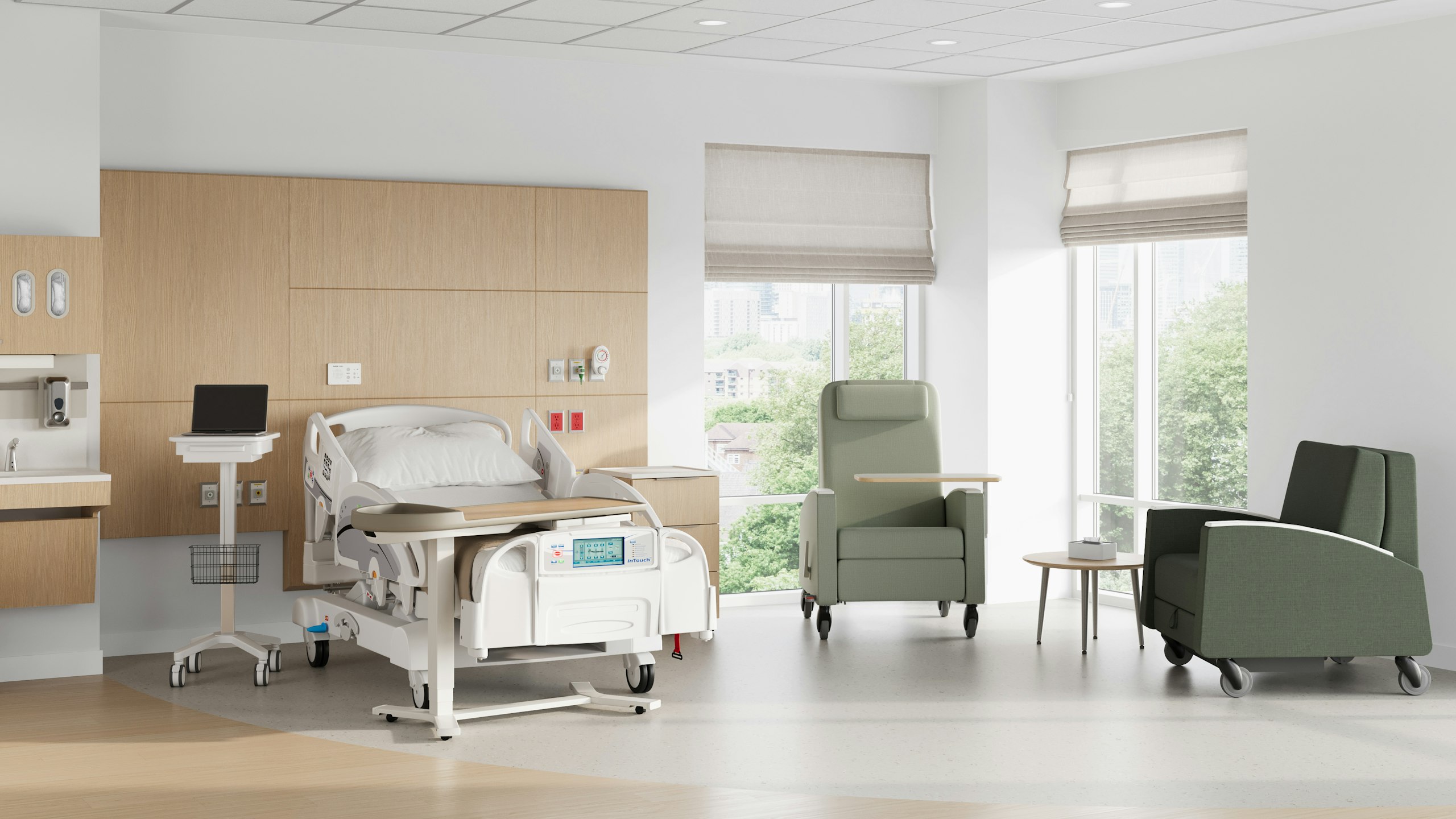 Gemma Recliner, Gemma Sleep Chair and Mora System in a patient room. Featuring Gemma Recliner with adjustable tray table, and both Gemma products with CBS casters.