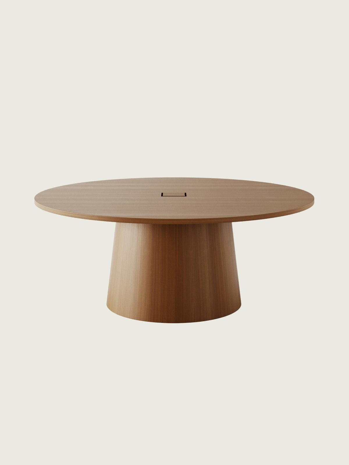 JD Meeting Table with round top and round tapered base in natural quarter cut walnut shown front-facing on a white sweep.