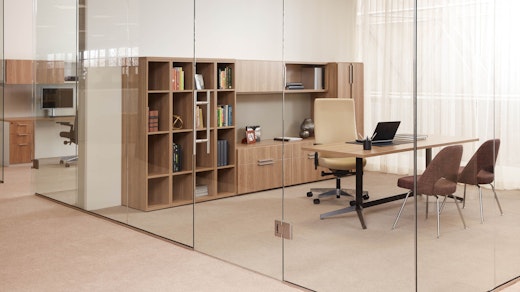 knoll essentials refined focus wood grain laminate bookcase cubby credenza overhead storage locker tackboard table desk laminate fronts