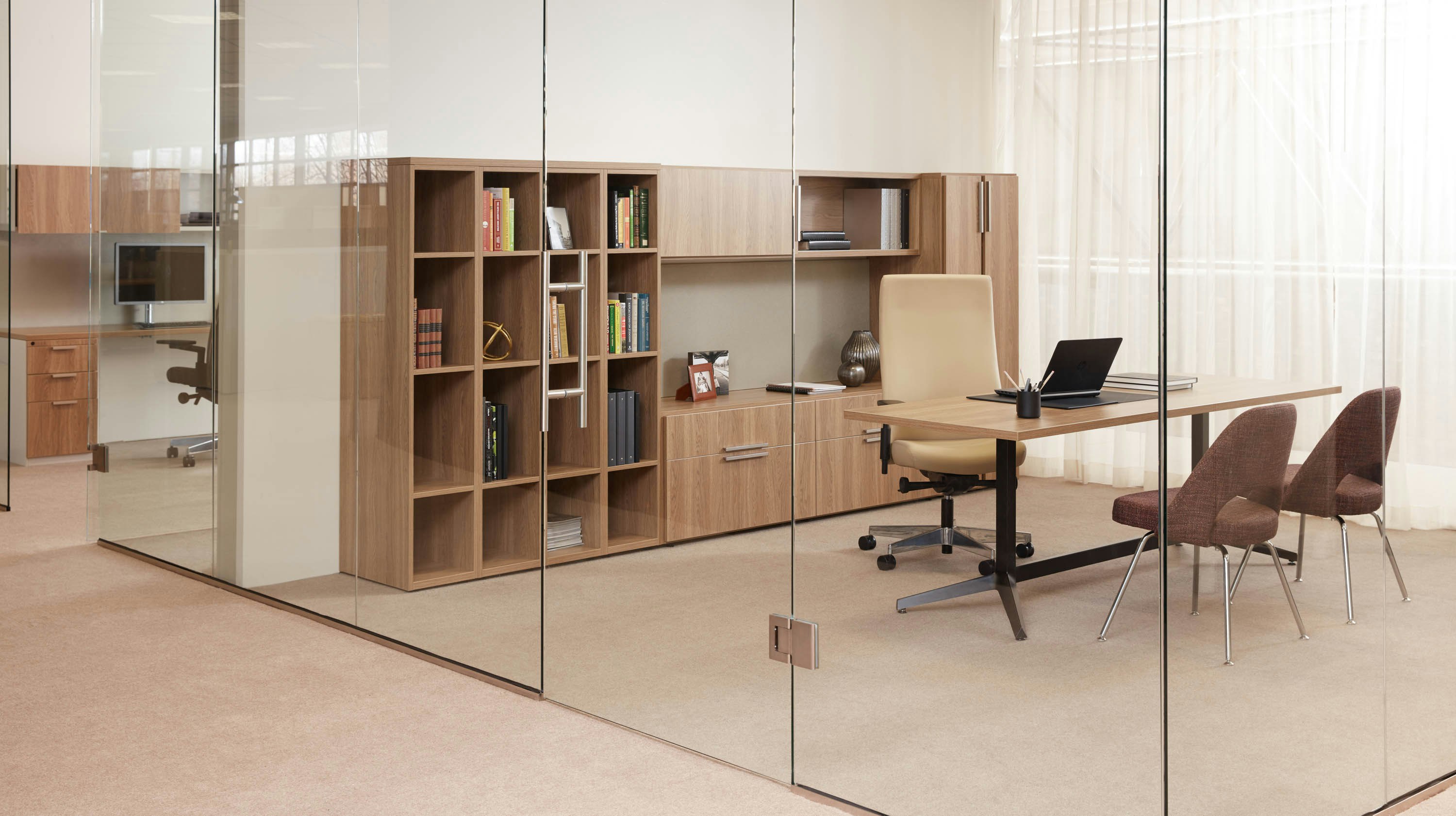 Knoll essentials refined focus wood grain laminate bookcase cubby credenza overhead storage locker tackboard table desk laminate fronts.