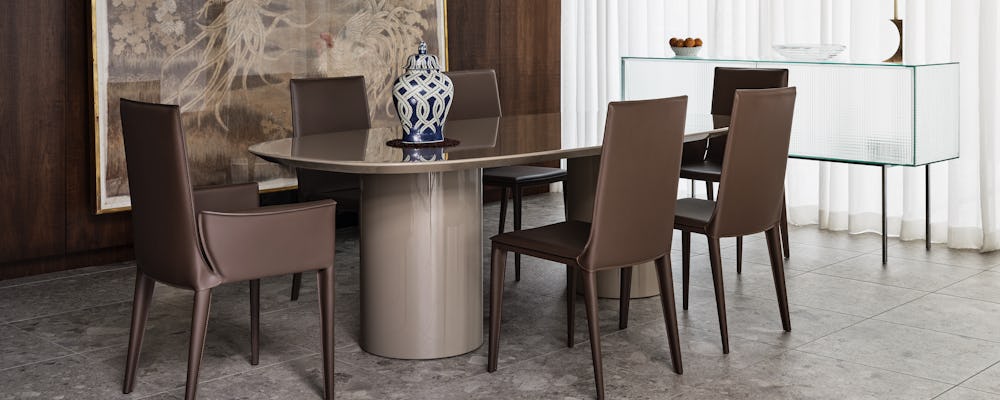 Myon Oval Dining Table in Truffle with Bottega Chairs in Portobello