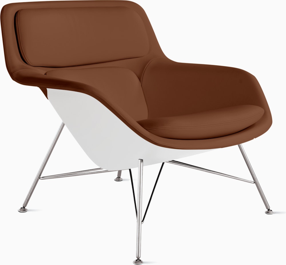 Striad Lounge Chair in Low Back,  Wire Base Trivalent Chrome,  Prone Leather,  Ledge with White Shell