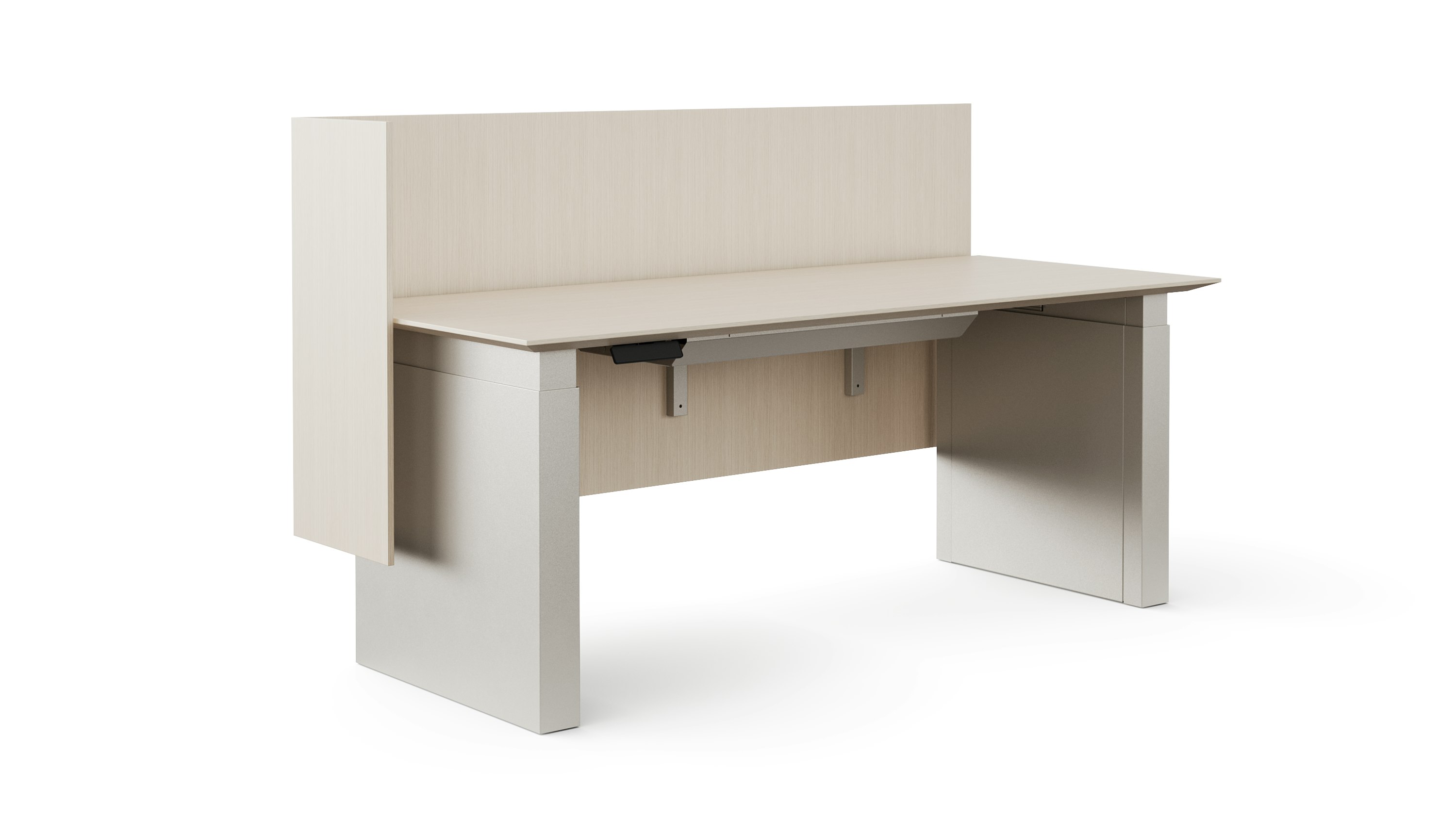 A rendering of a height adjustable table with shrouded legs and a surface attached screen on the back and one side of the table shown from an angle. The finishes of all the materials are a light color.