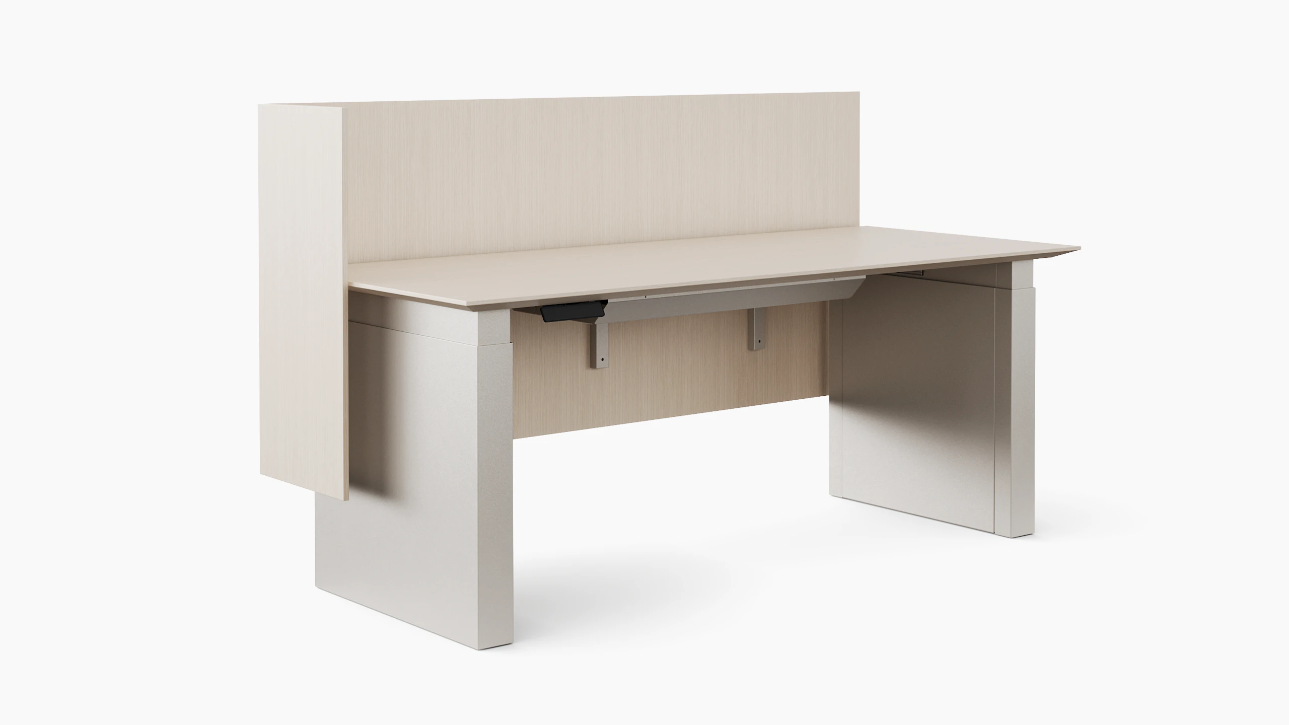 A rendering of a height adjustable table with shrouded legs and a surface attached screen on the back and one side of the table shown from an angle. The finishes of all the materials are a light color.