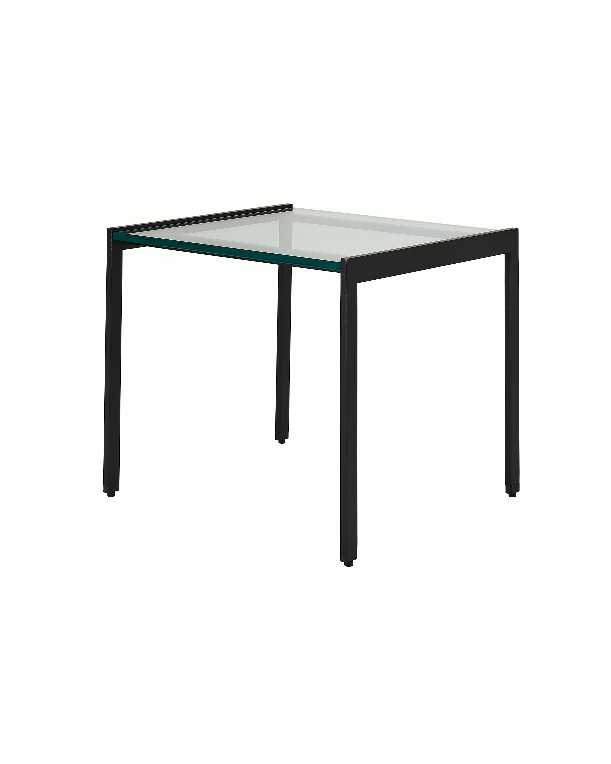 H Frame Side Table designed by Ward Bennett with a black base and a clear glass top, shown at an angle on a white sweep.