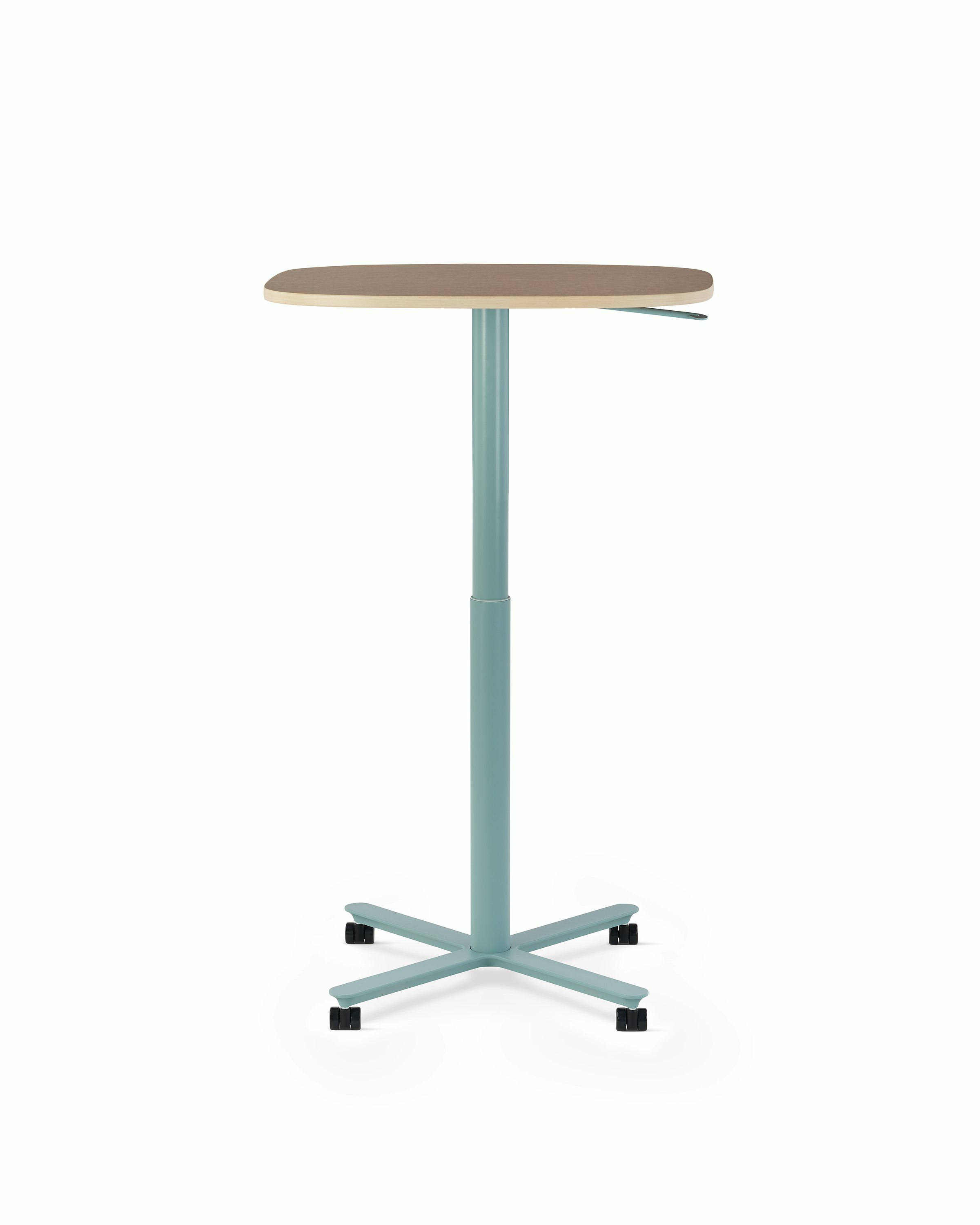 Large Passport Work Table shown with light woodgrain surface and light blue base on casters.