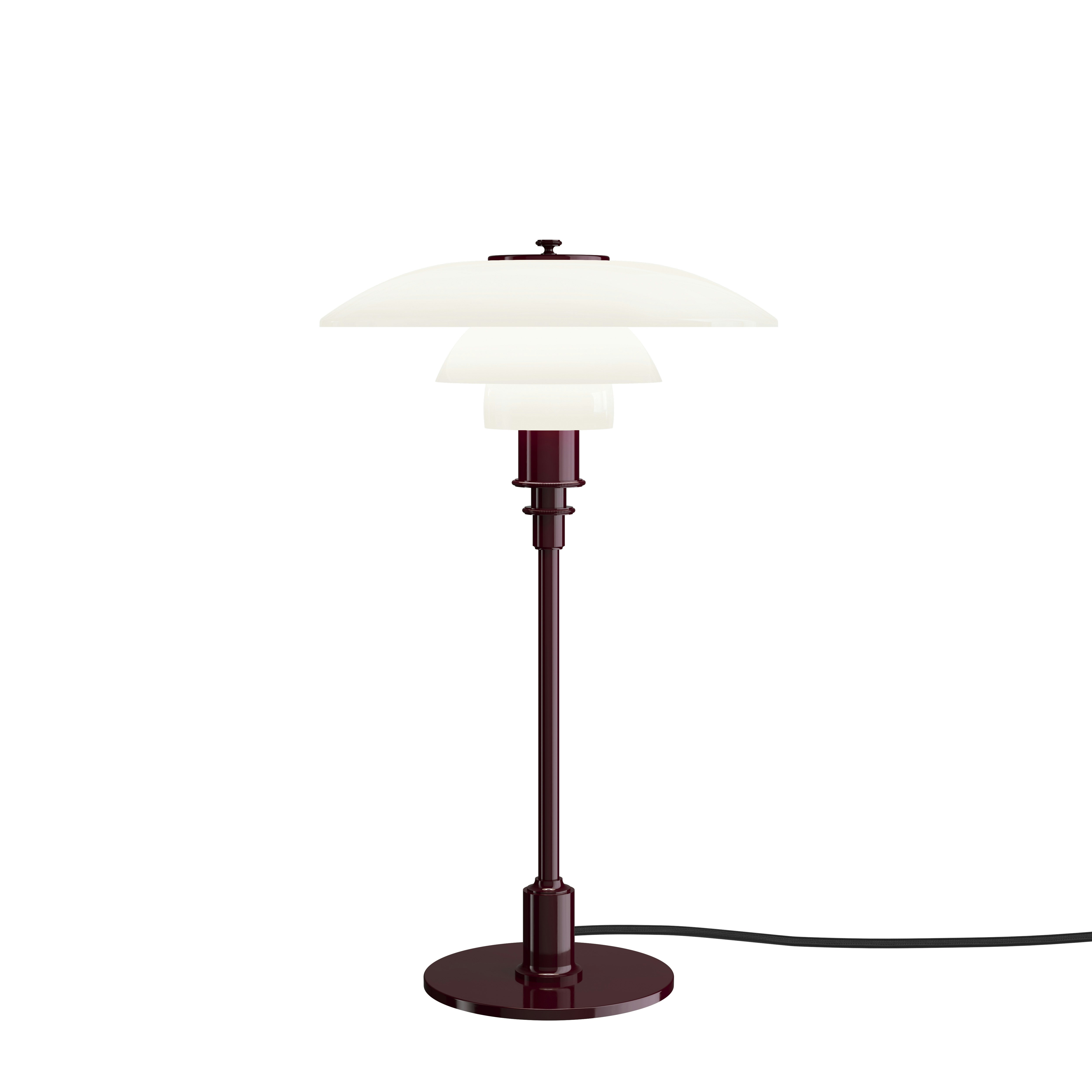 A PH 3/2 Table Lamp in Opal / Glossy Burgundy viewed from the front.