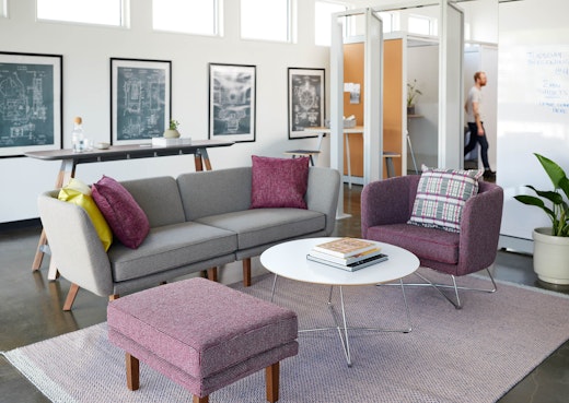 rockwell unscripted creative wall perforated steel pivot fins semi enclosed rooms team meeting lounge tall table drink modular lounge sofa club chair wire base occasional table coffee table petite square ottoman wood legs markerboard muuto ply rug