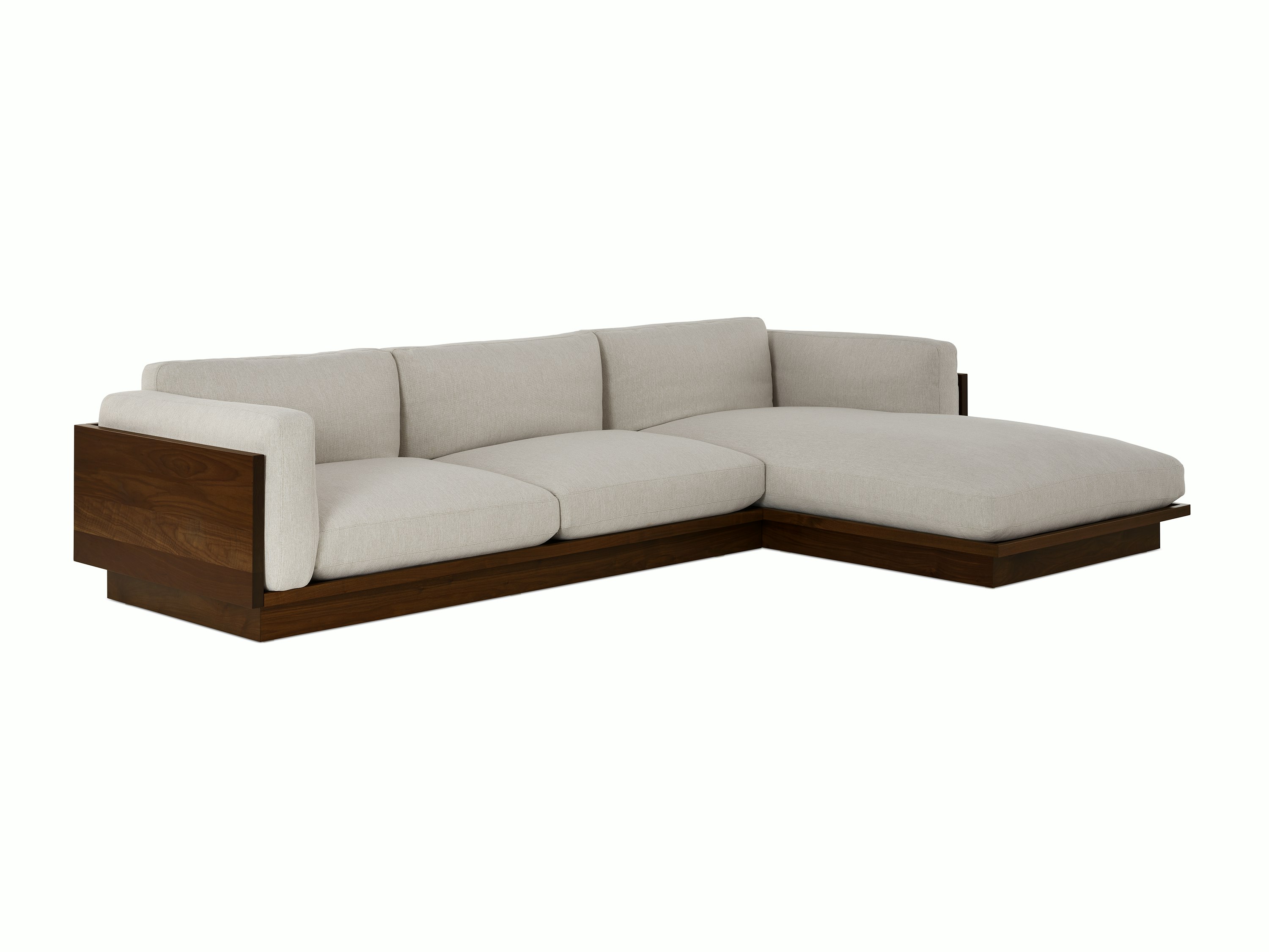Pawson Drift Sectional in walnut and grey cushions (Mode Clavicle)
